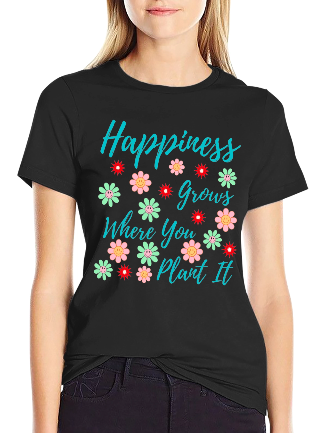 Black Happiness Grows T-Shirt - Floral Graphic Tee view 2