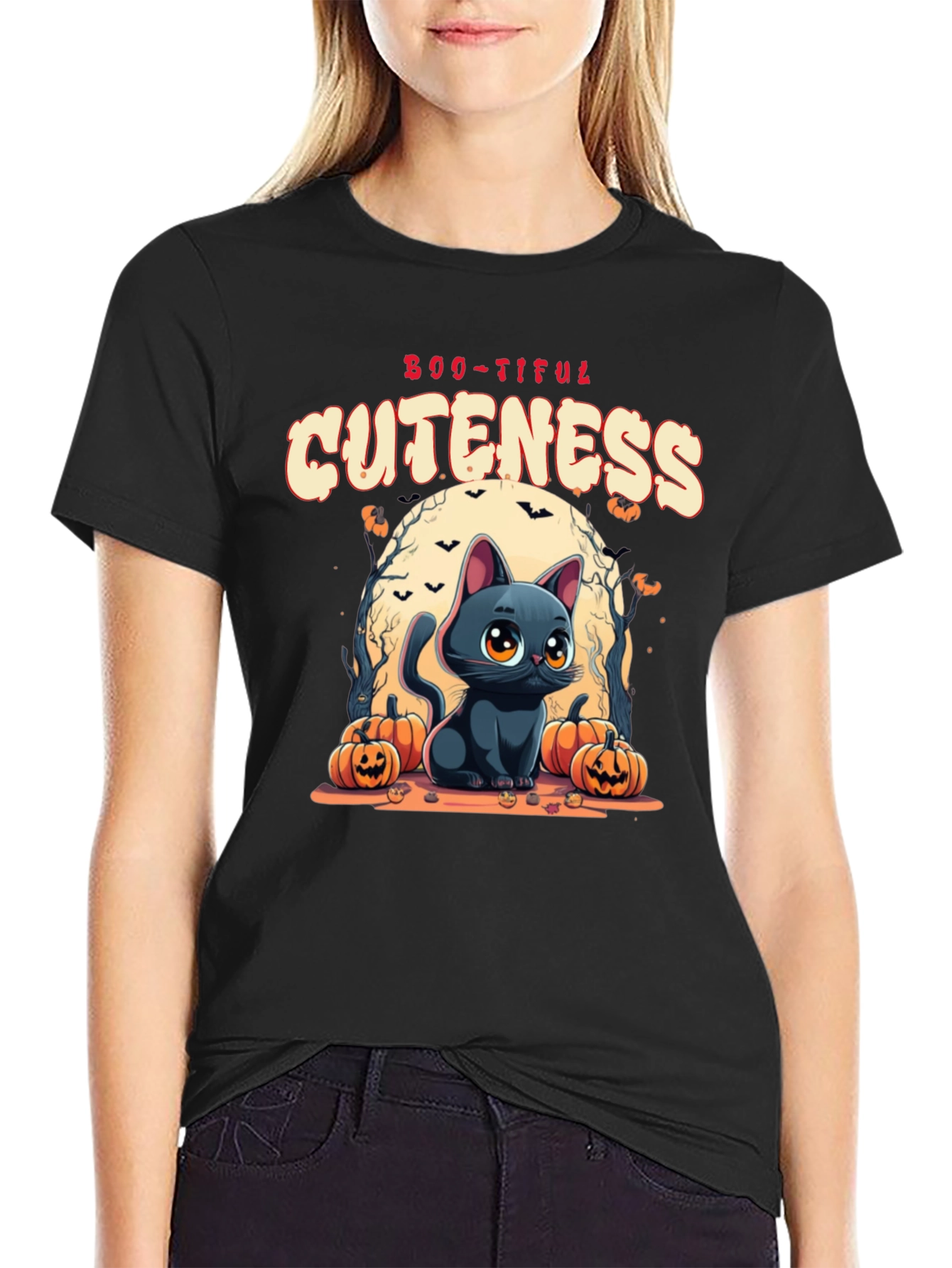 Black Boo-Tiful Cuteness Black Cat Halloween T-Shirt view 2