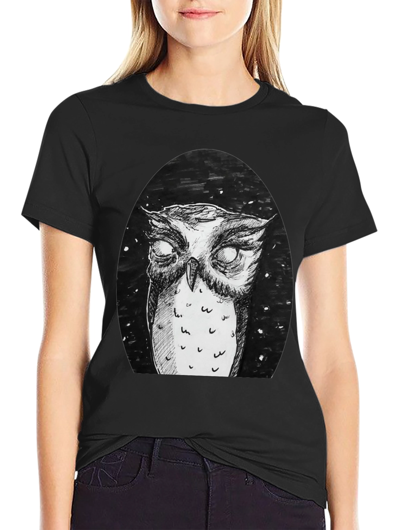 Black Owl Graphic Tee - Black Cotton T-Shirt view 2