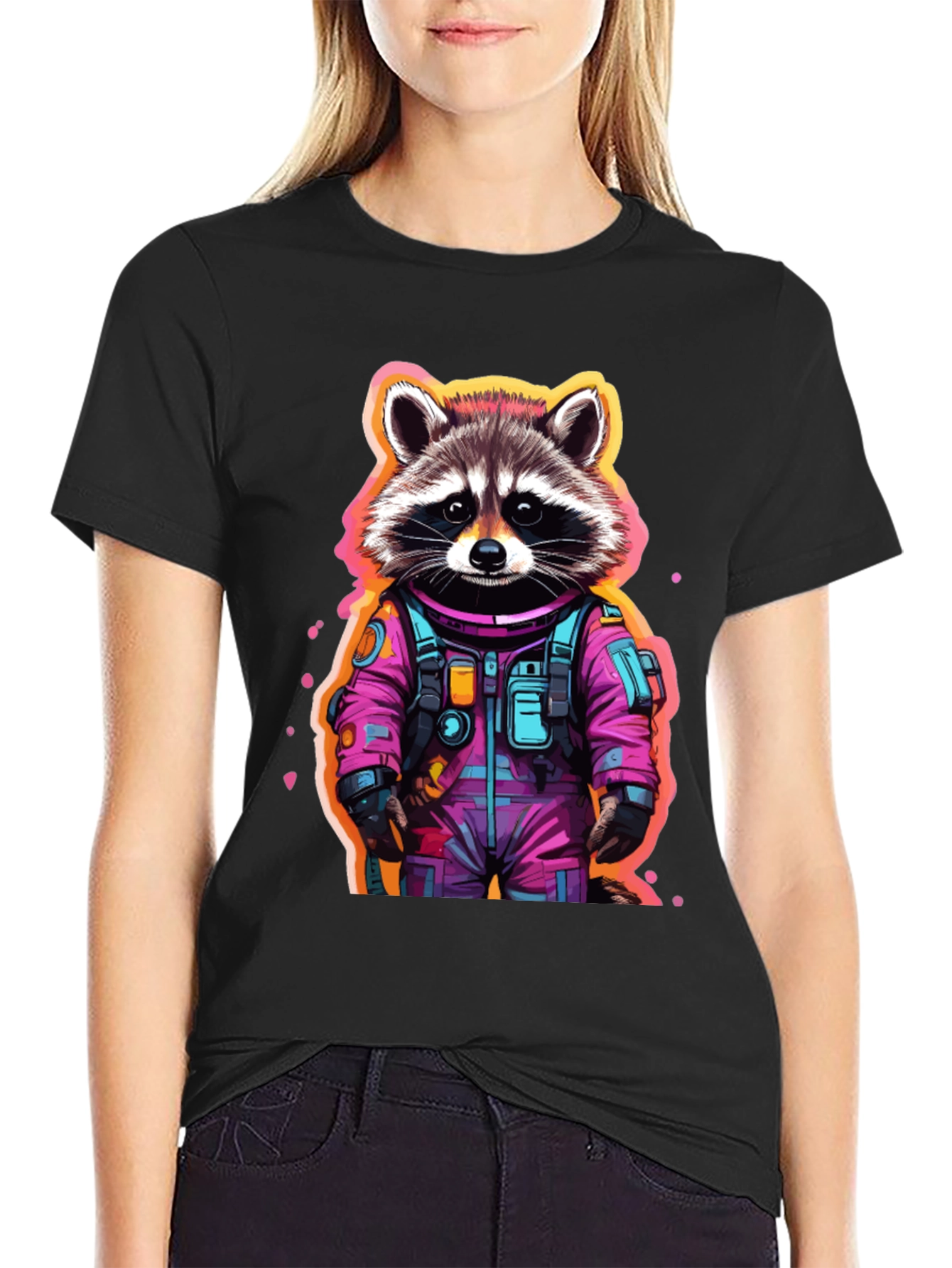 Black Astronaut Raccoon Graphic T-Shirt - Black view 2
