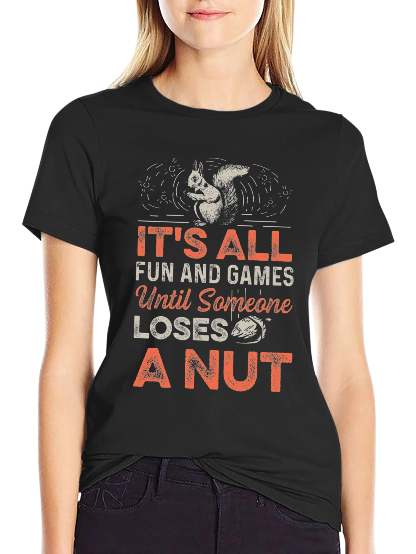 Black Squirrel 'Loses a Nut' Graphic Tee - Black Unisex T-Shirt view 2