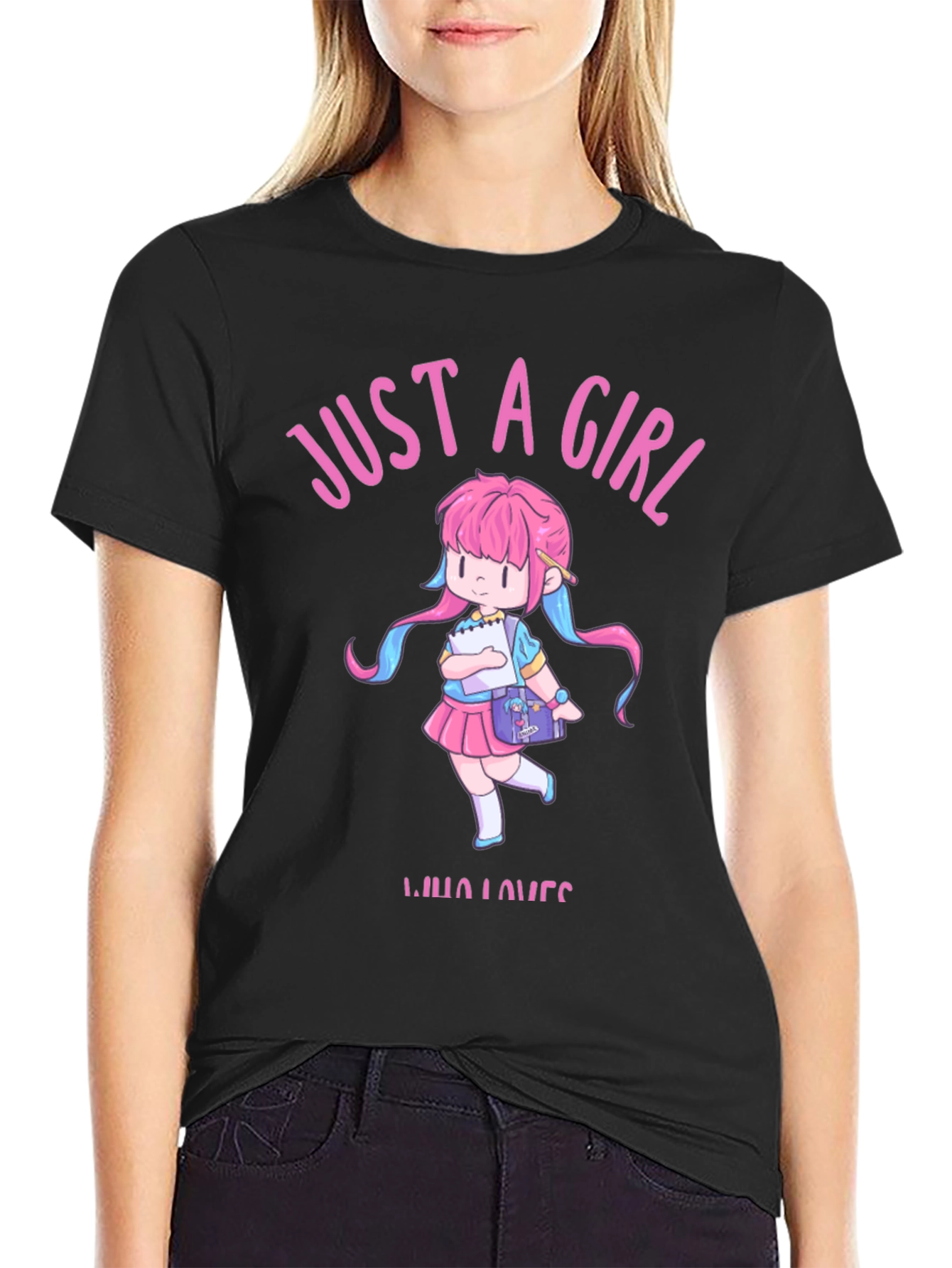 Black Just a Girl Who Loves Anime Black T-Shirt view 2