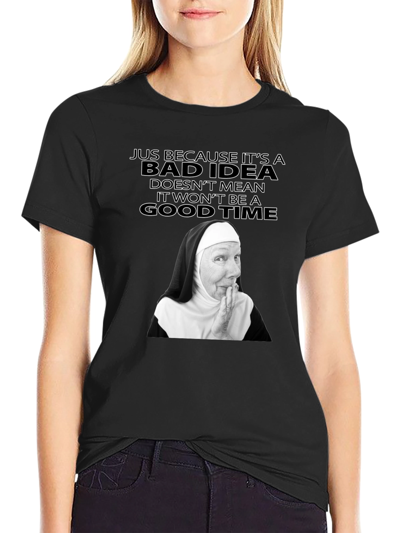 Black Funny Nun Bad Idea T-Shirt - Novelty Graphic Tee view 2