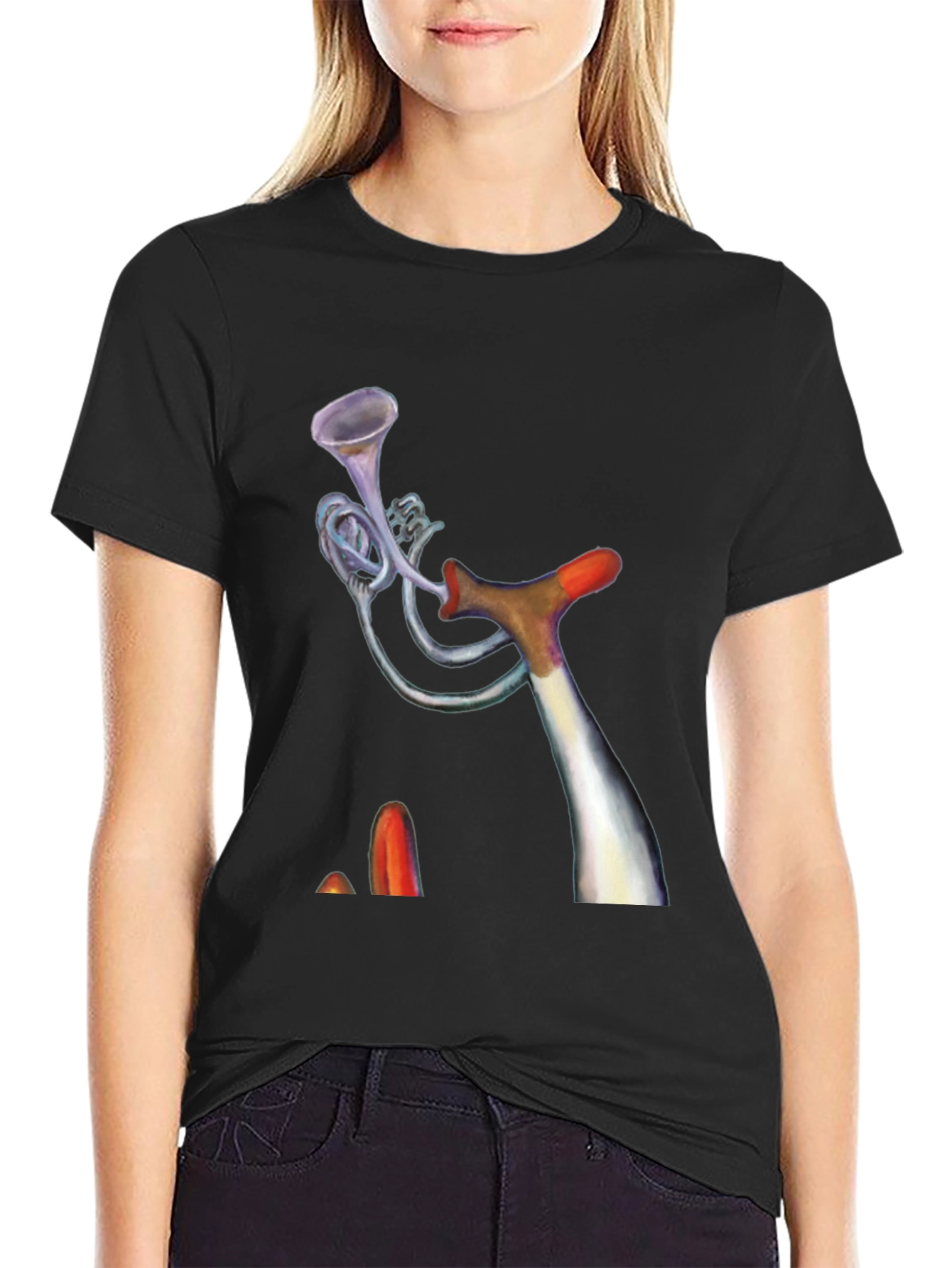 Black Unique Trumpet Design Black Tee view 2