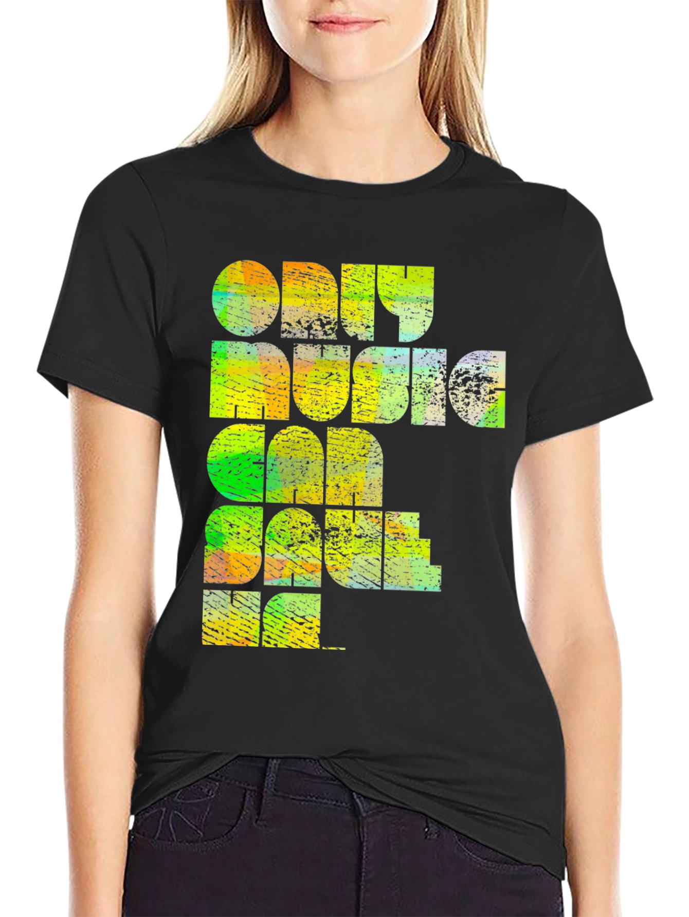 Black Retro Music Lover T-Shirt - "Only Music Can Save Me" view 2