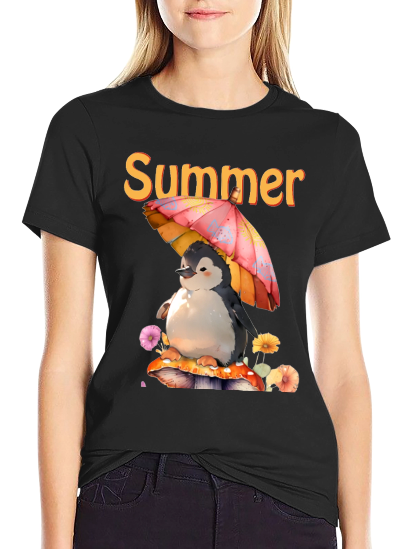 Black Summer Penguin Graphic T-Shirt view 2