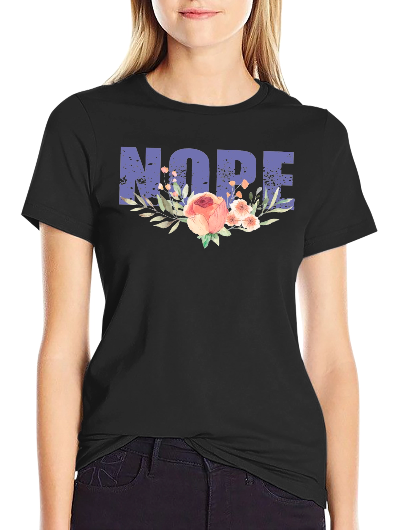 Black Nope Floral Graphic Tee - Unisex Black Cotton T-Shirt view 2
