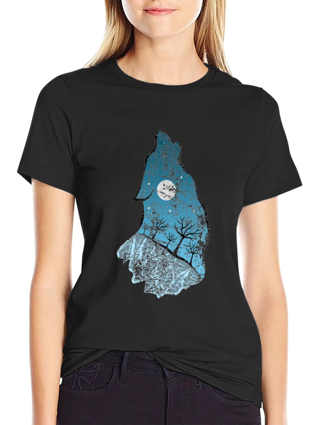 Black Wolf Moon Graphic Tee - Black Cotton T-Shirt view 2