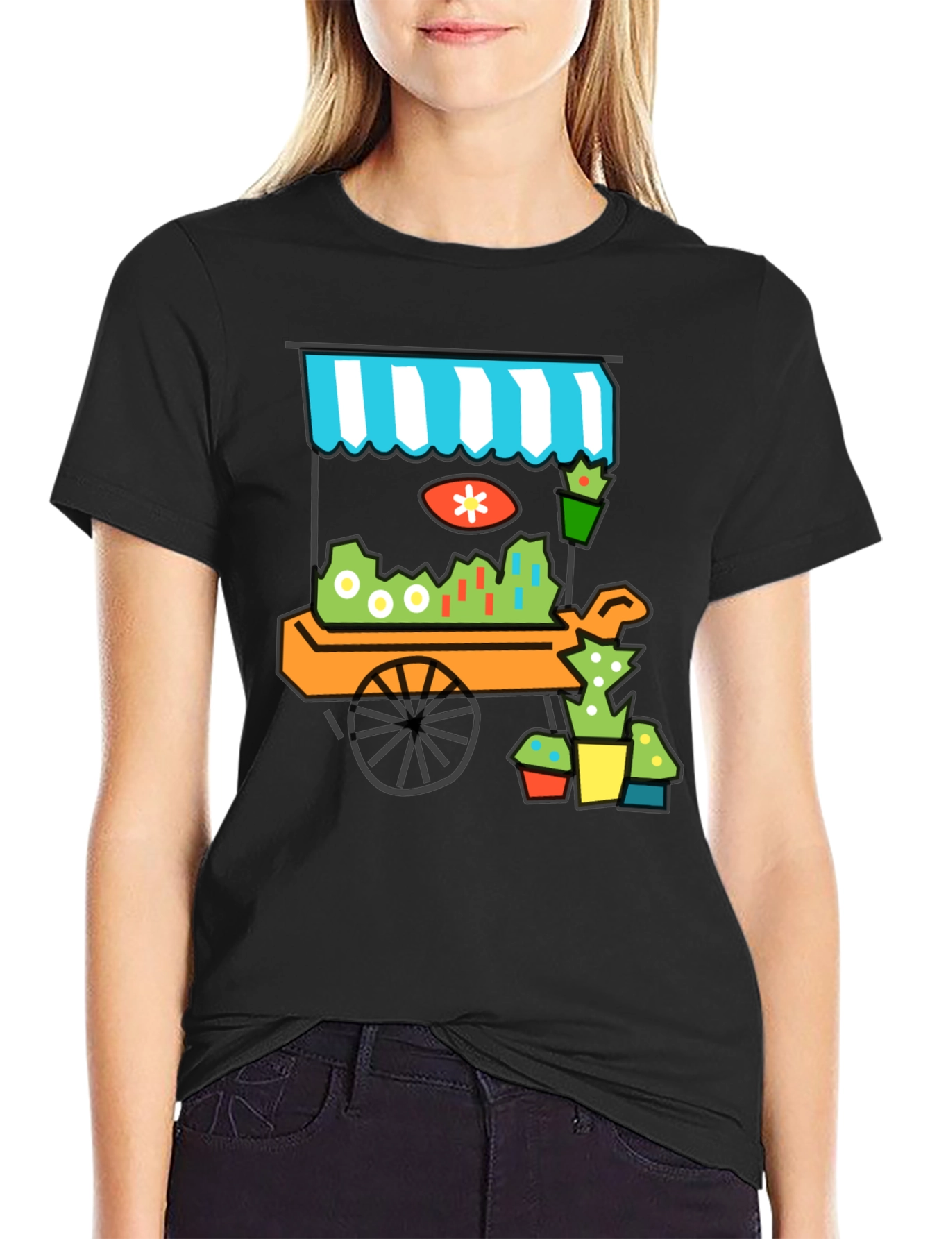 Black Whimsical Market Cart T-Shirt - Black Cotton Tee view 2