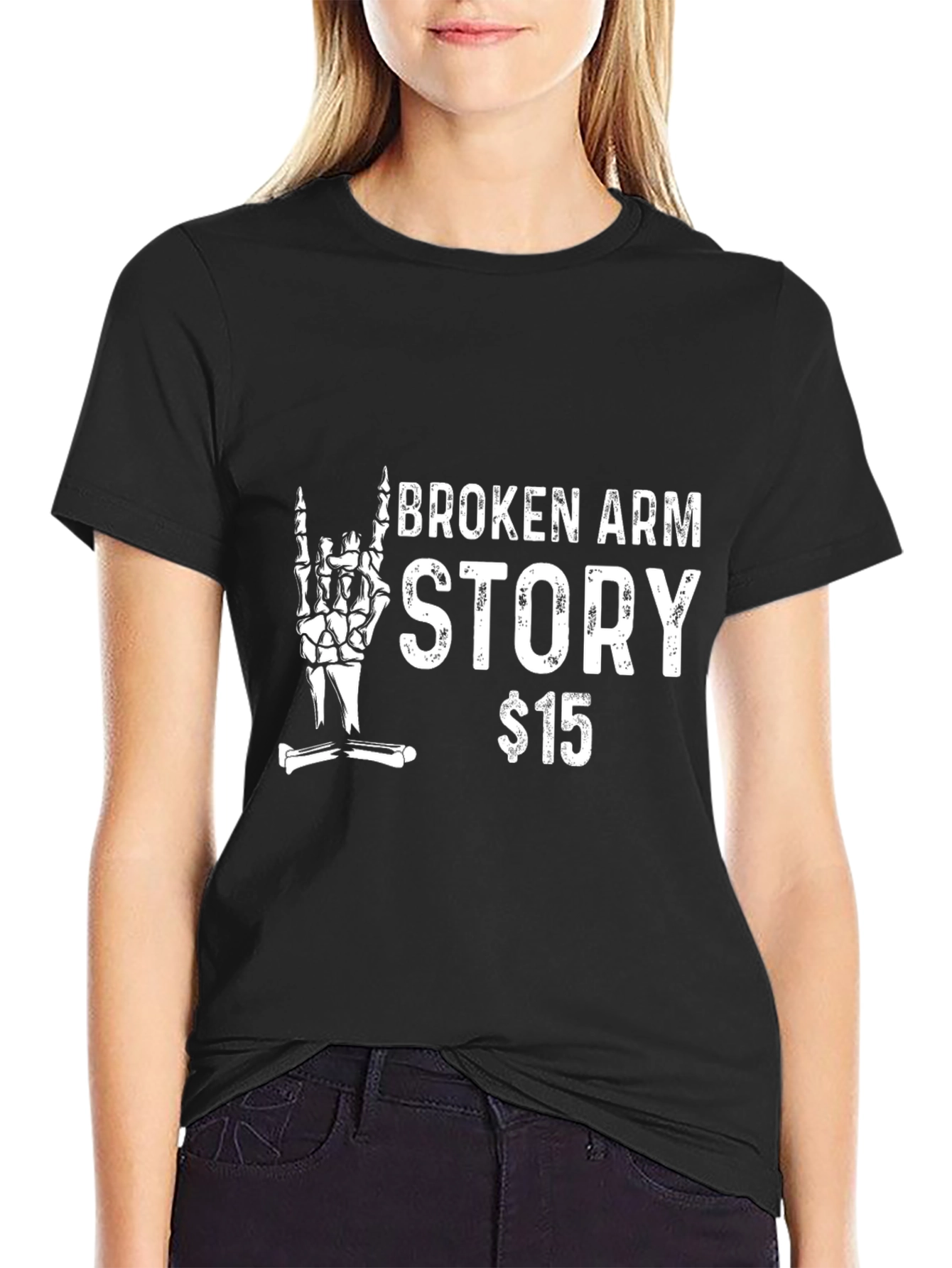 Black Broken Arm Story T-Shirt - Rock On Skeleton Tee view 2