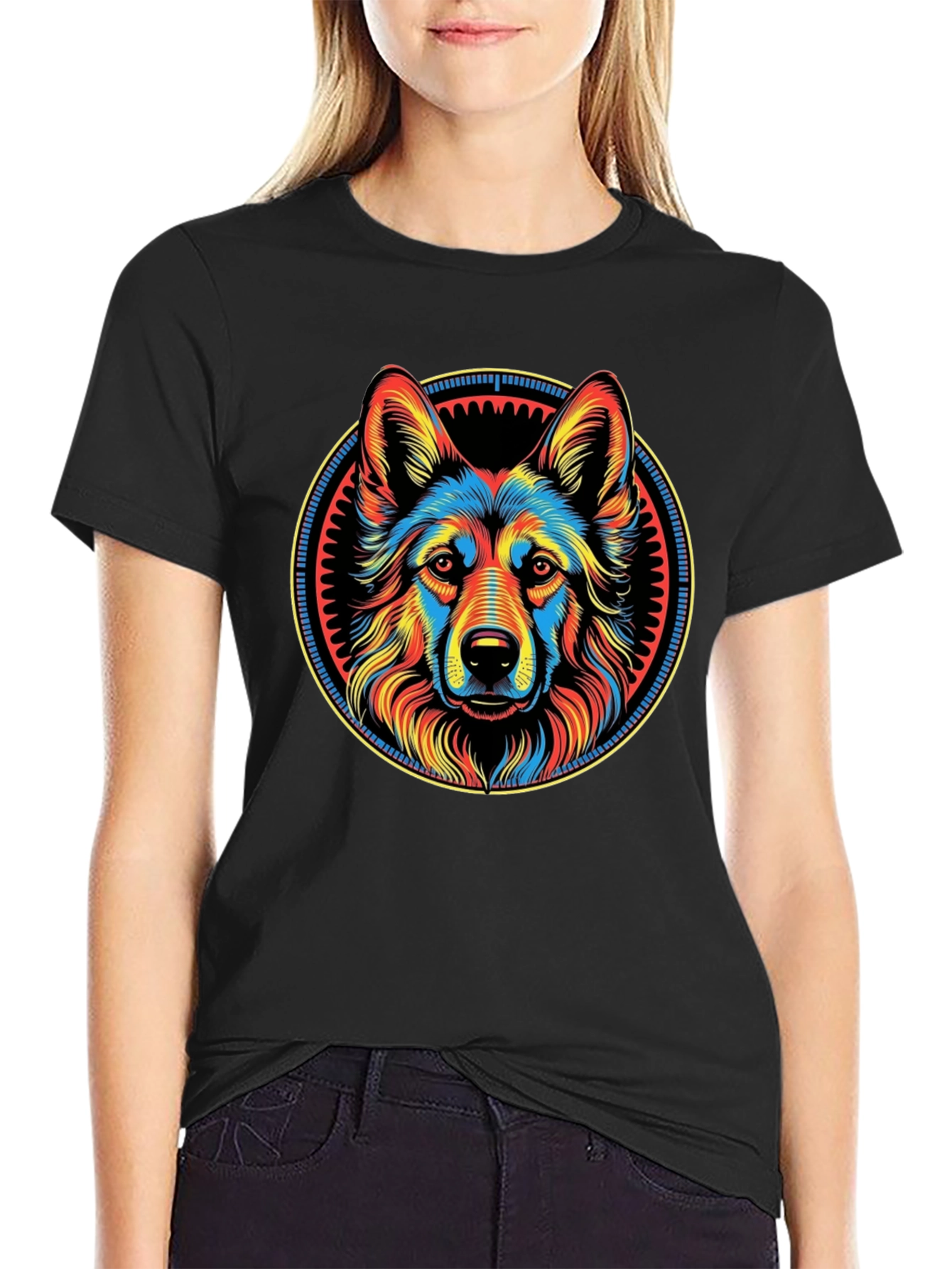 Black Colorful Dog Graphic Print Black T-Shirt view 2