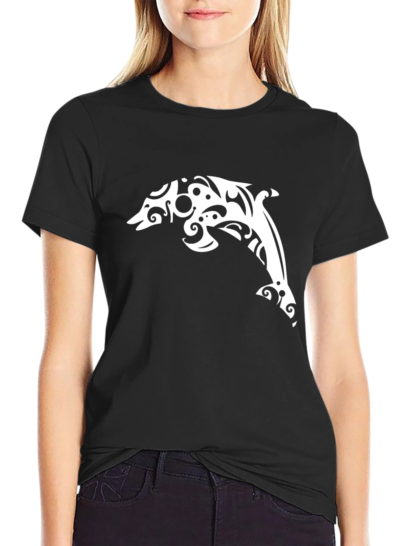Black Tribal Dolphin Black T-Shirt view 2