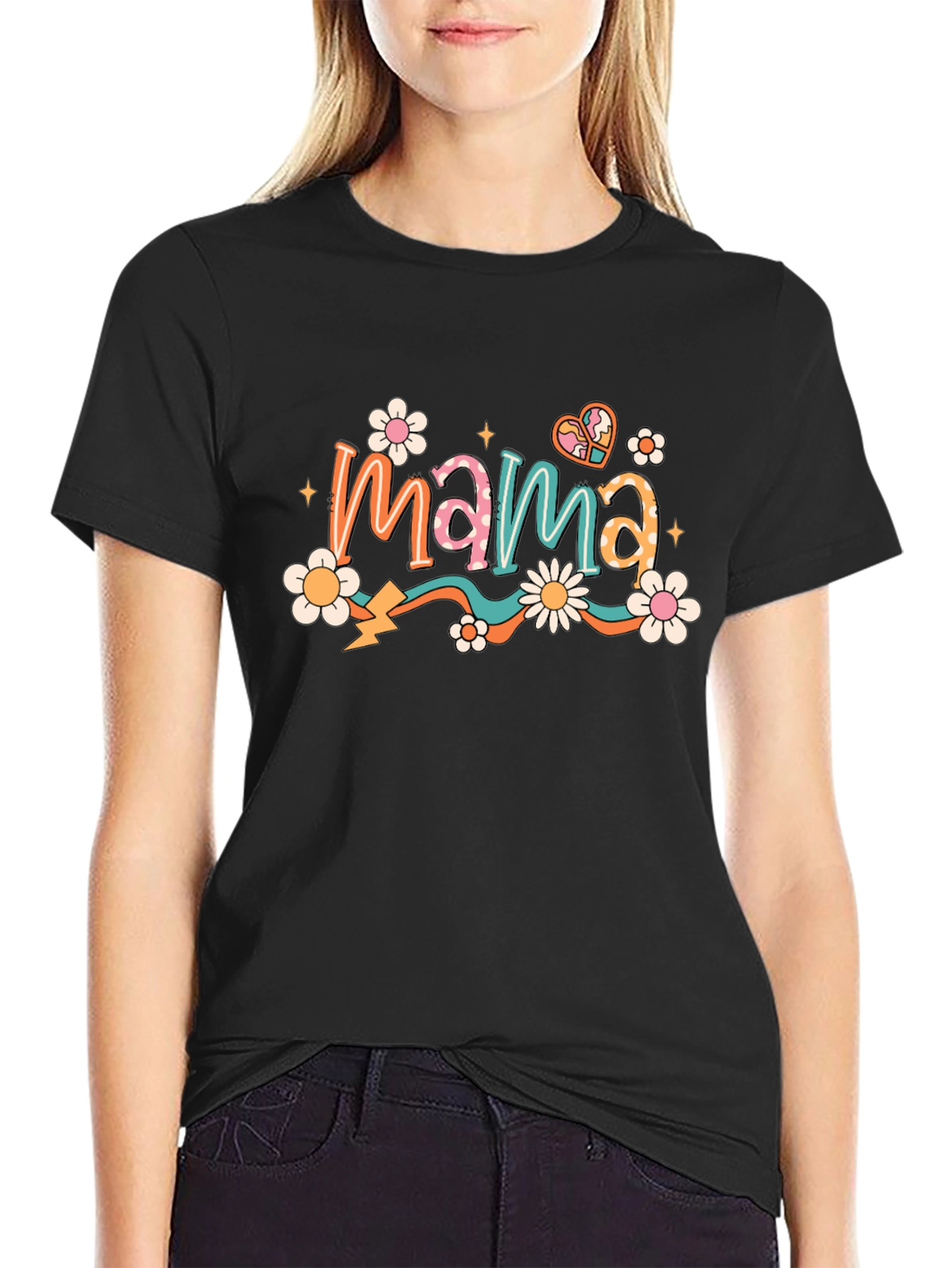 Black Retro Mama T-Shirt - Black, Floral Graphic view 2