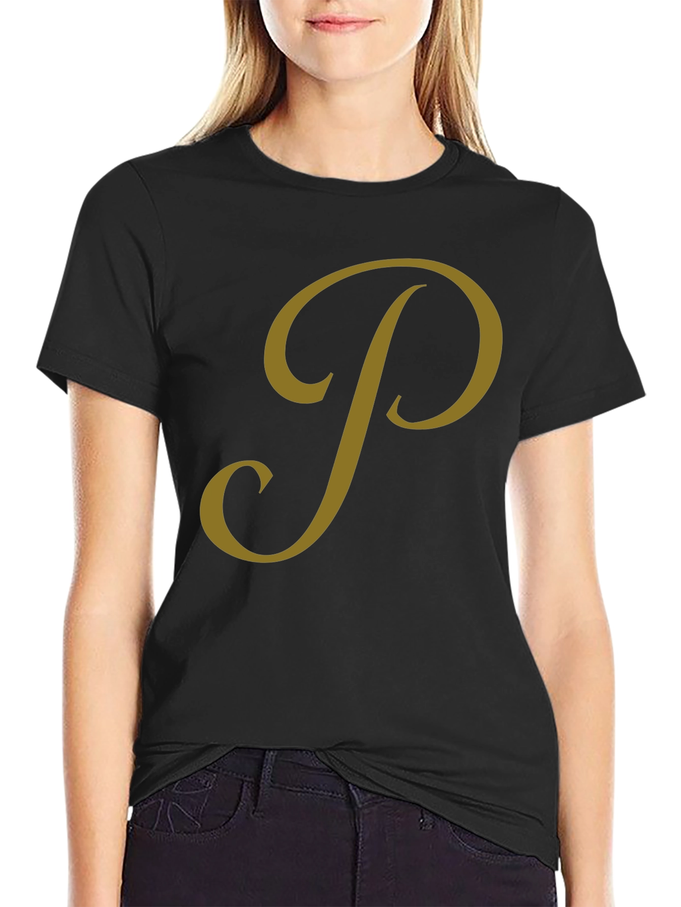 Black Classic Black Tee with Gold Script Design view 2