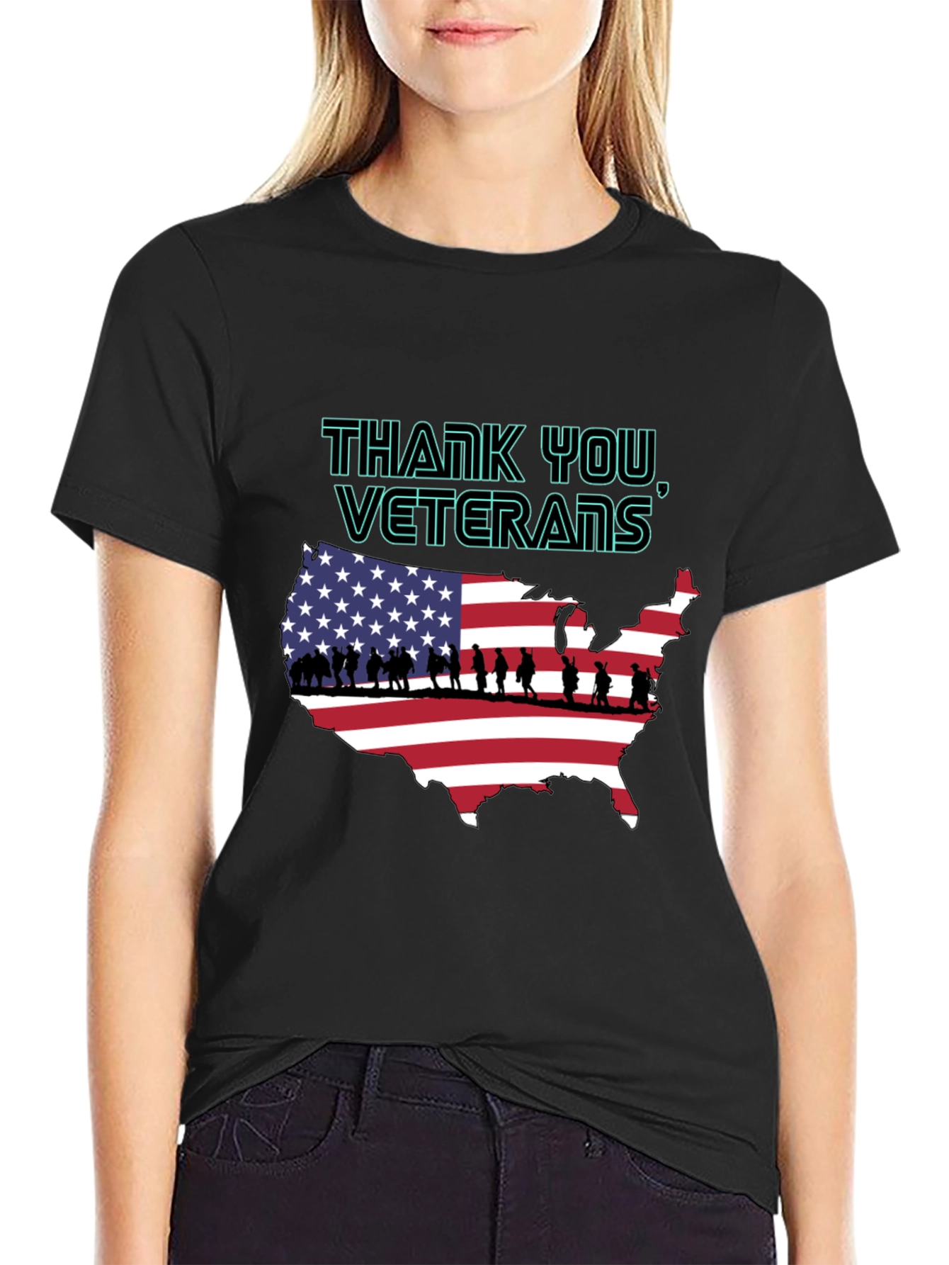 Black Thank You Veterans USA Map T-Shirt view 2