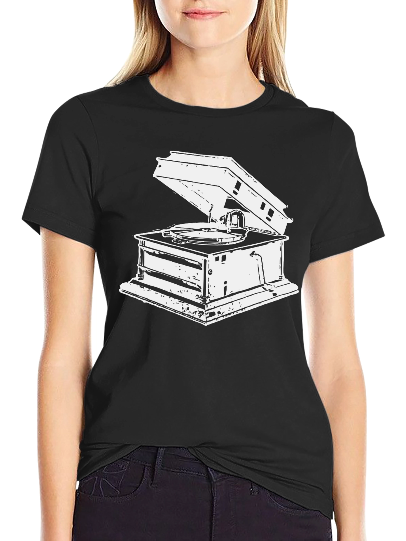 Black Vintage Gramophone Graphic Tee - Black Cotton T-Shirt view 2