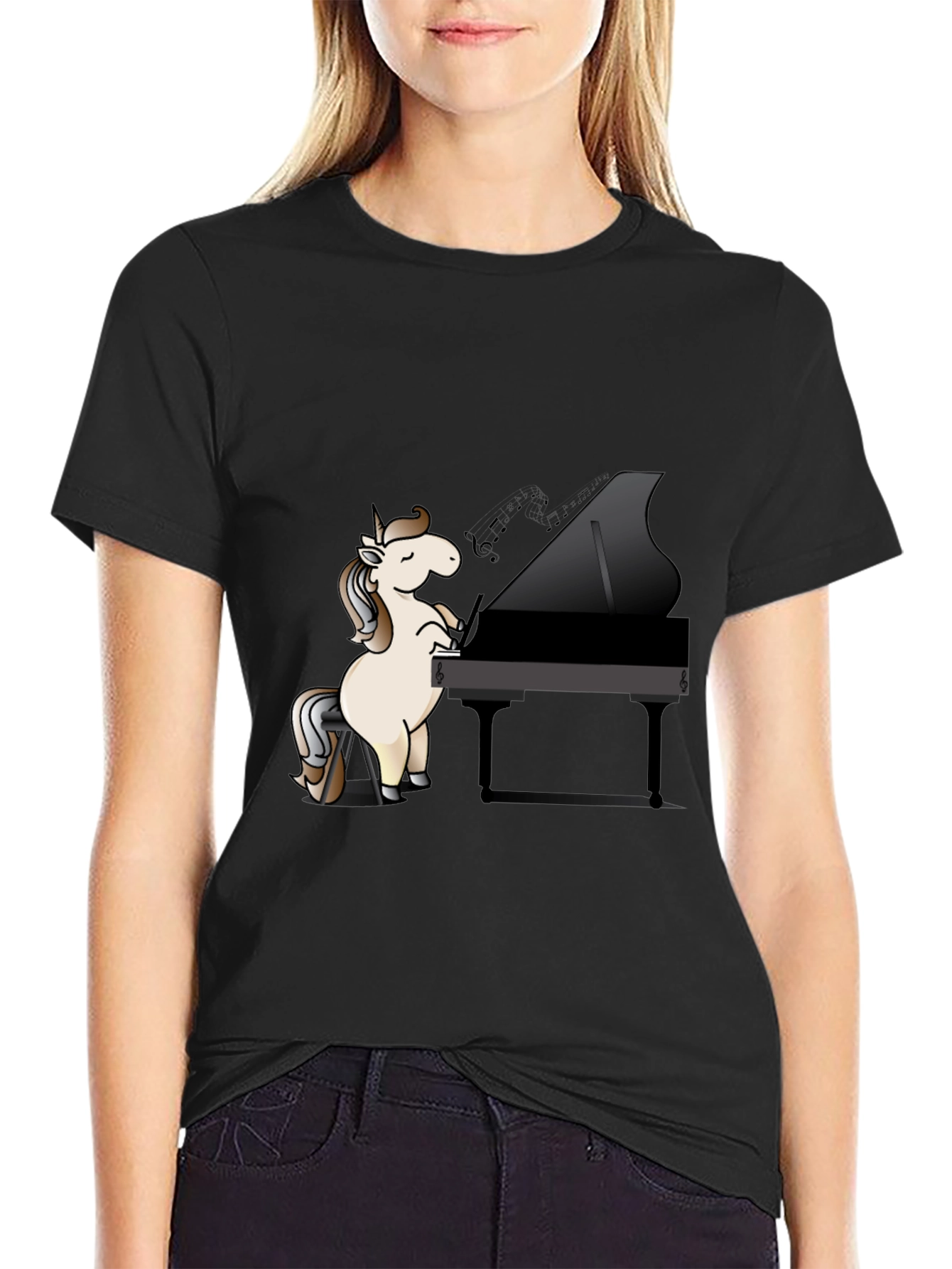 Black Unicorn Pianist Black T-Shirt view 2