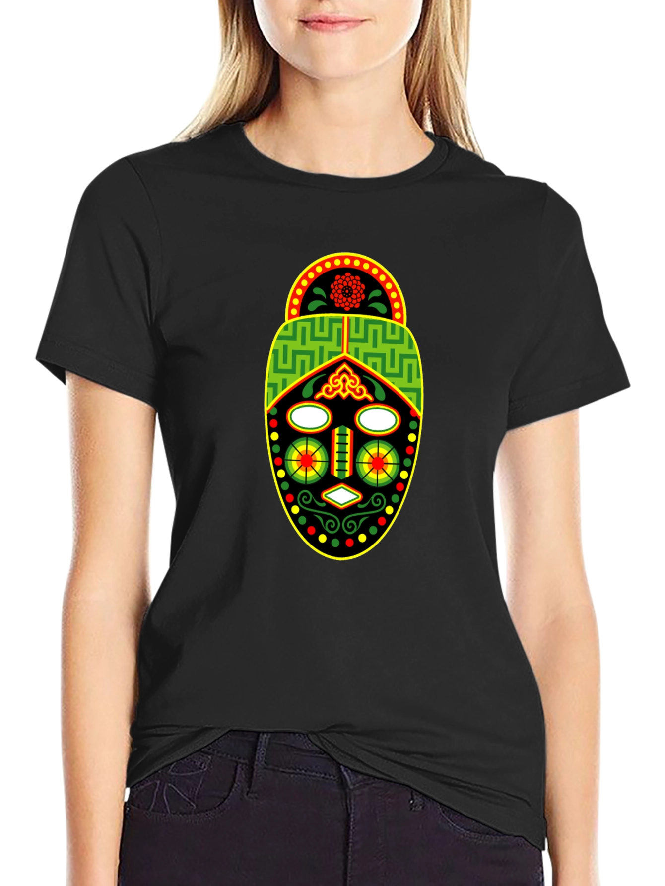 Black African Mask Graphic Tee - Black Crew Neck T-Shirt view 2