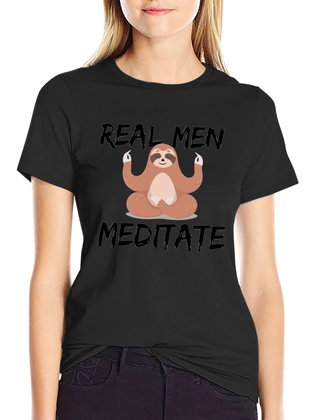 Black Real Men Meditate T-Shirt - Sloth Design view 2