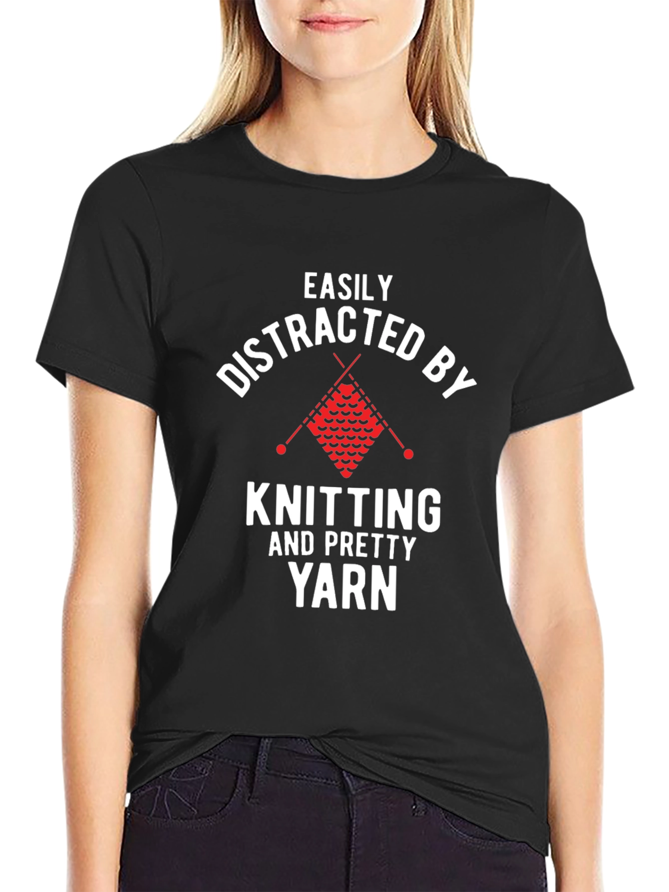 Black Easily Distracted by Knitting & Pretty Yarn T-Shirt view 2