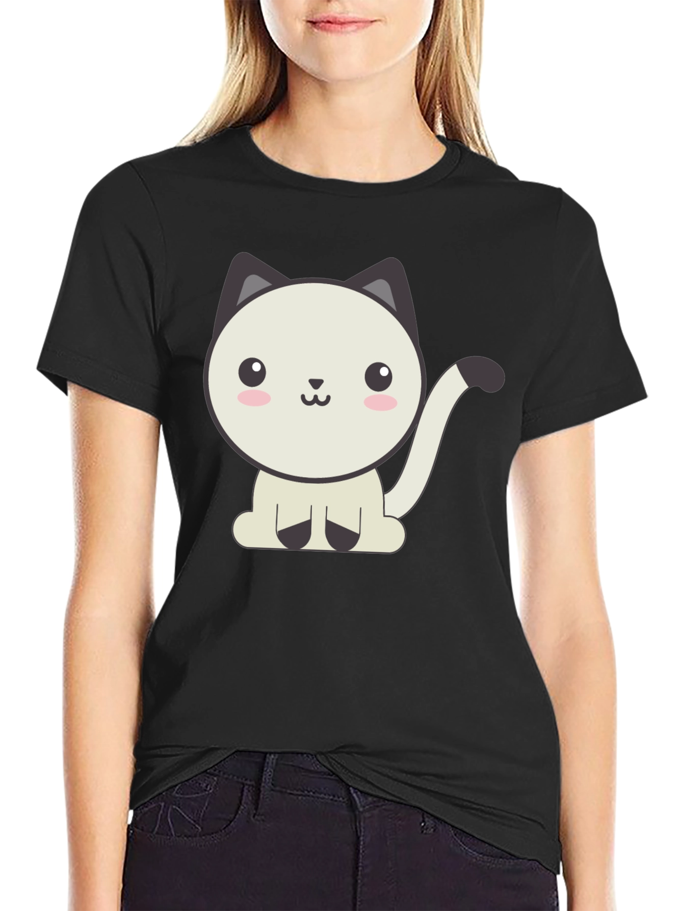 Black Cute Cartoon Cat Graphic Black T-Shirt view 2