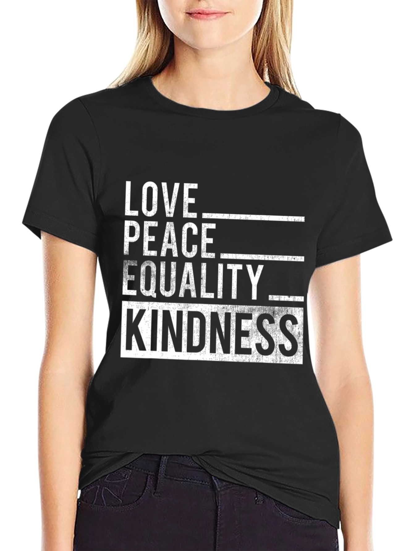 Black Love, Peace, Equality, Kindness Black Graphic T-Shirt view 2