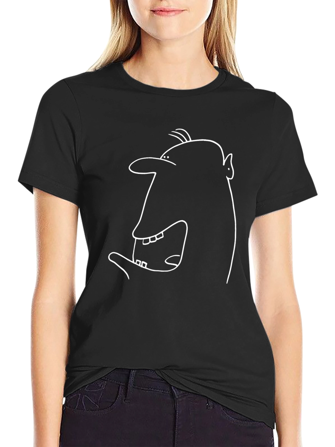 Black Cartoon Face Graphic Tee - Black Cotton T-Shirt view 2