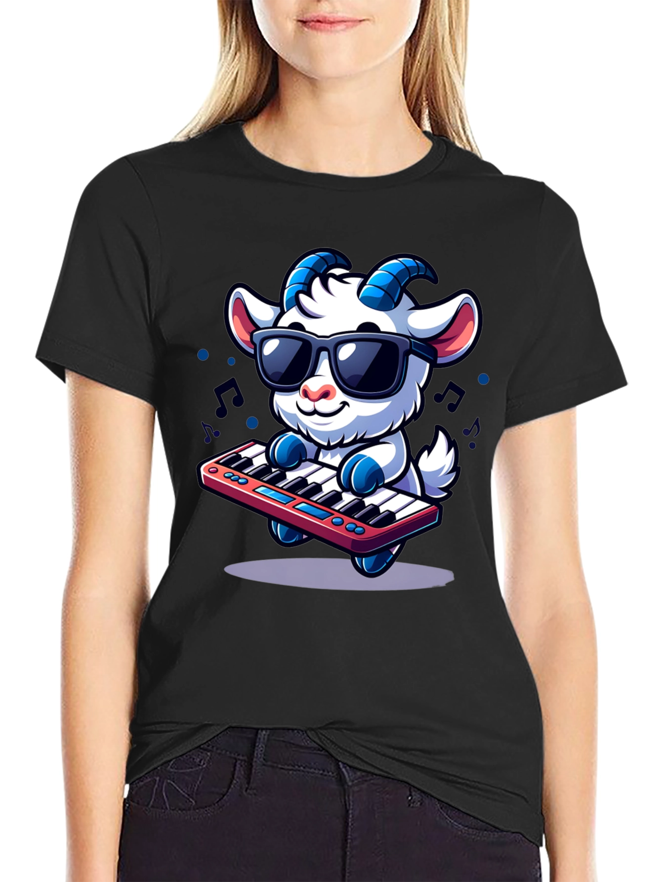 Black Cool Goat Keyboard Player Graphic Tee view 2