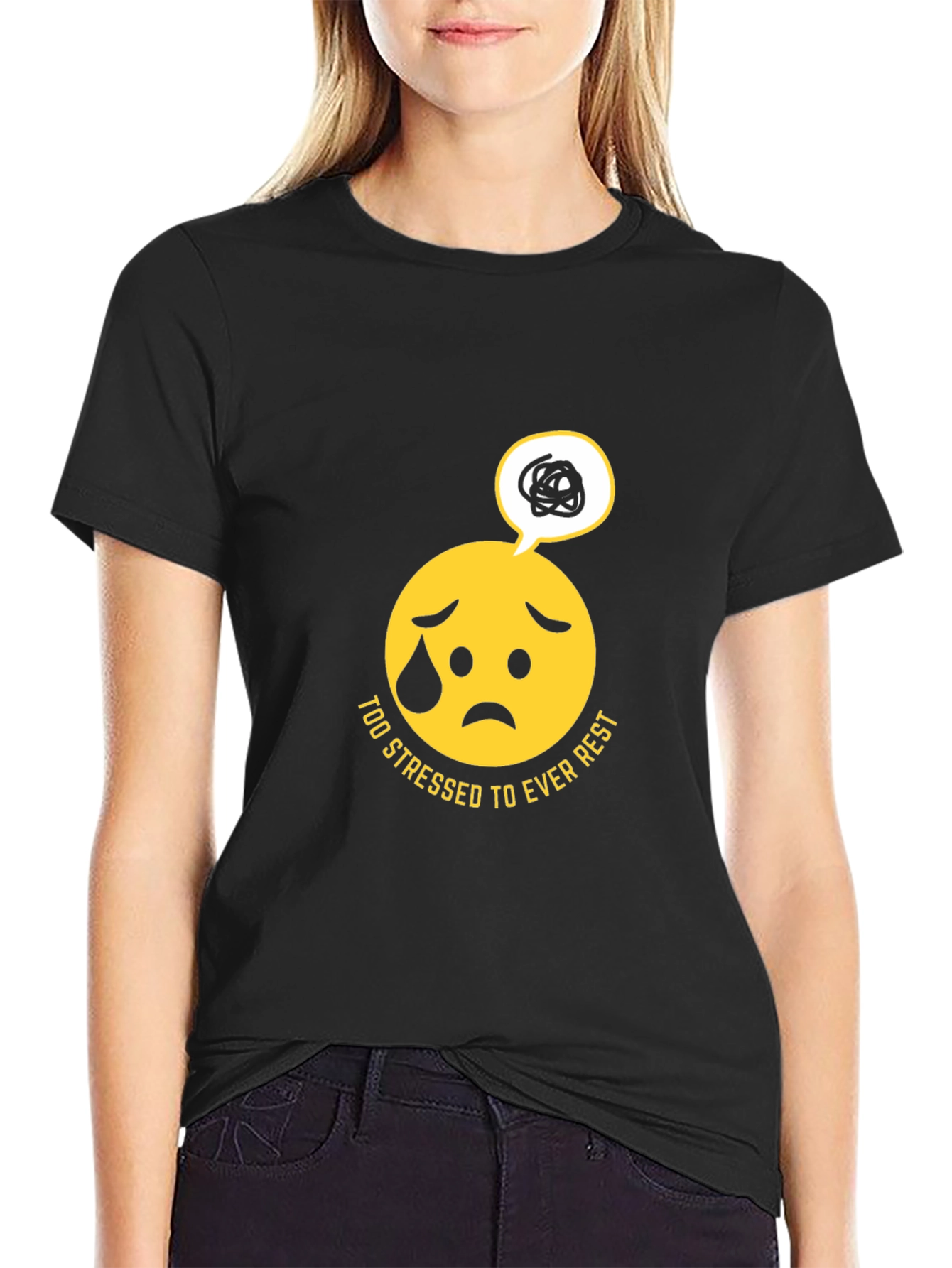 Black Stressed Emoji Graphic Black T-Shirt view 2