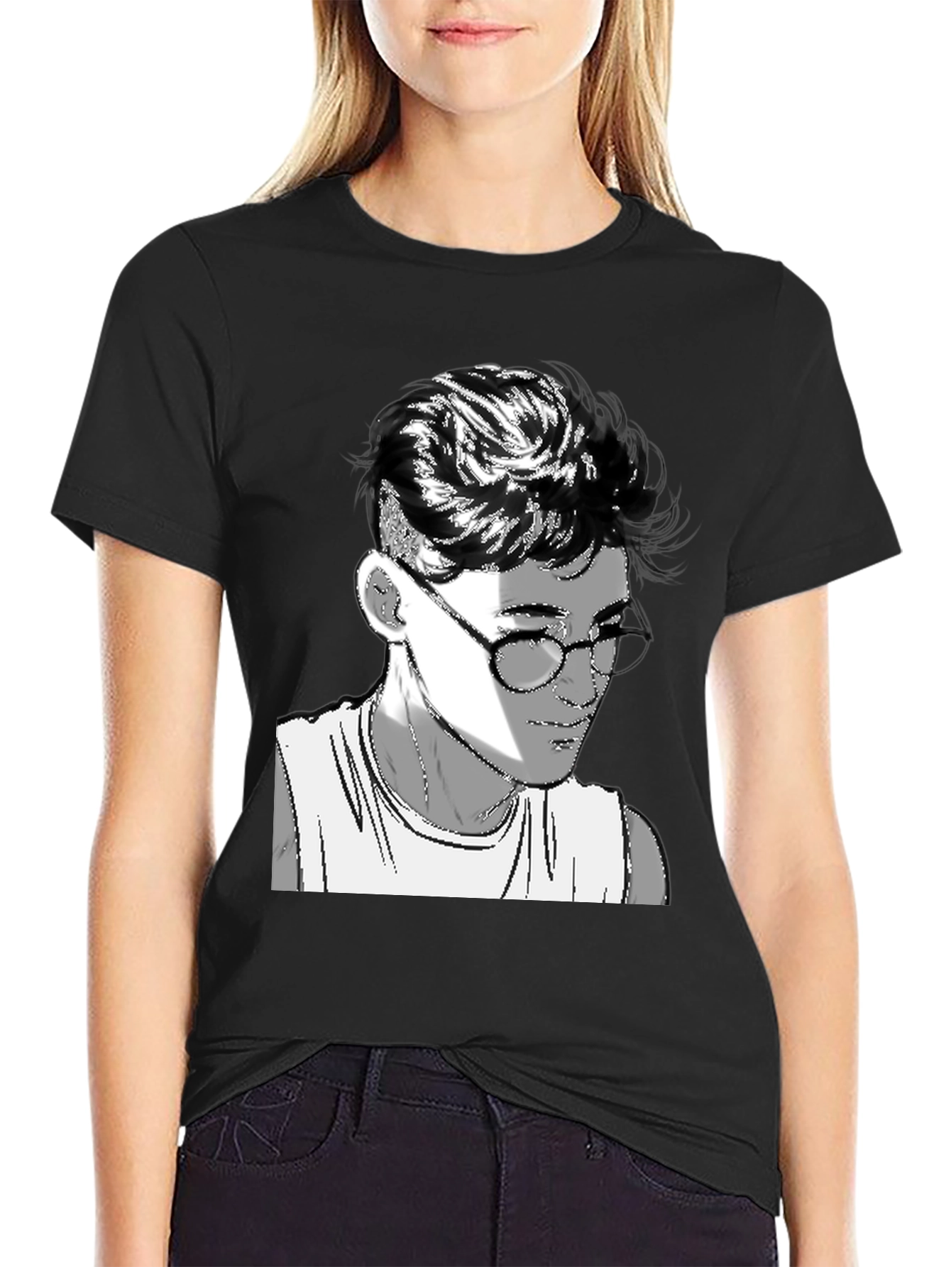 Black Men's Black Graphic Tee - Retro Anime Design view 2