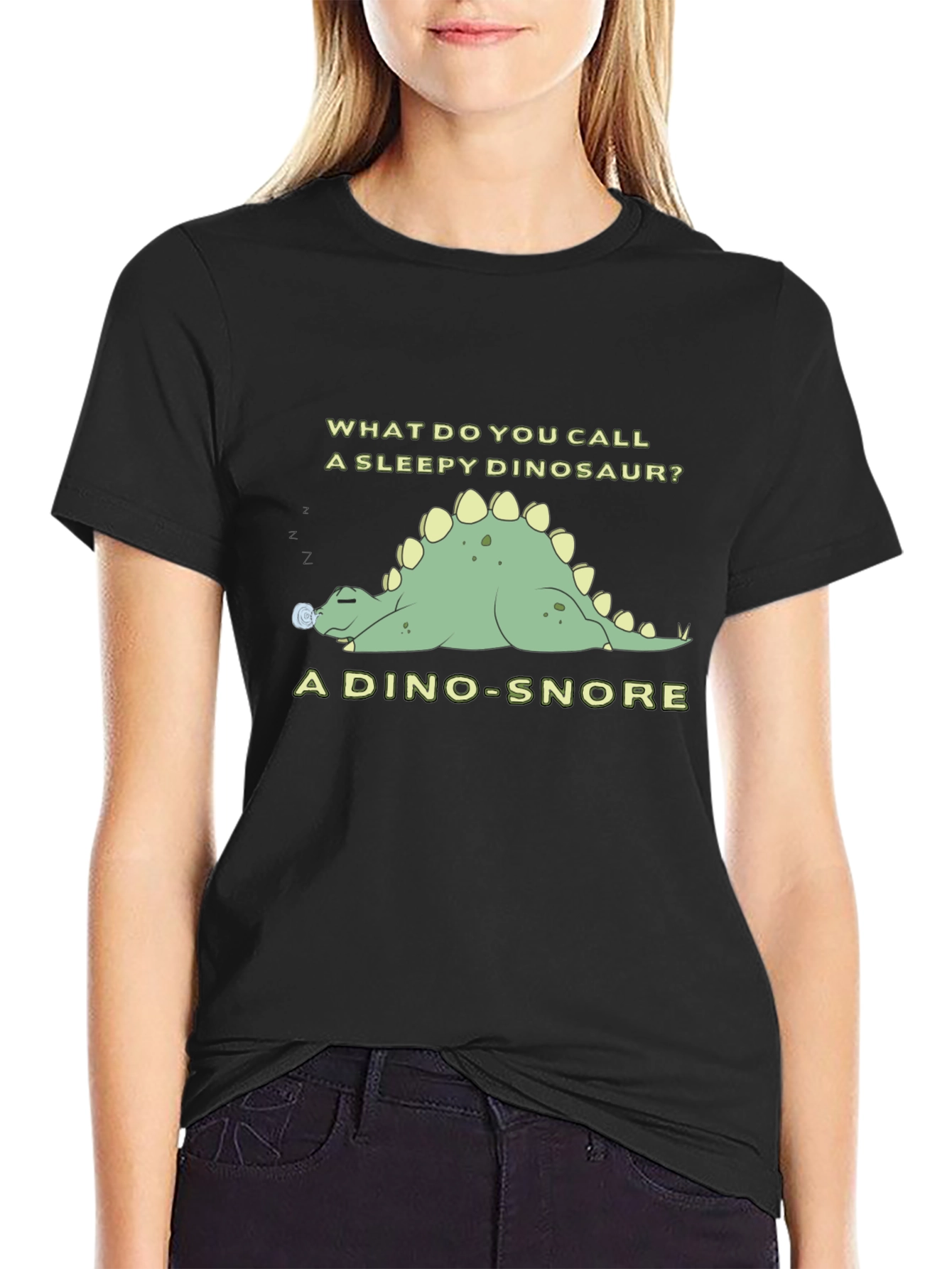 Black Dino-Snore T-Shirt - Sleepy Dinosaur Pun Tee view 2