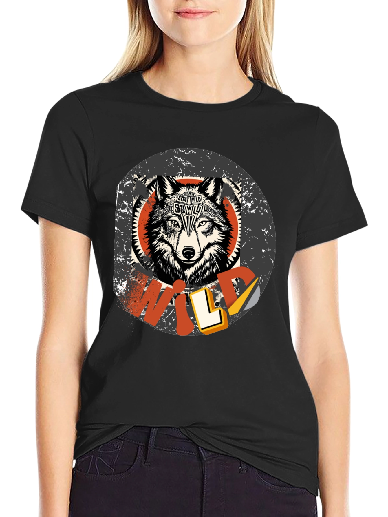 Black Stay Wild Wolf Graphic Print T-Shirt view 2