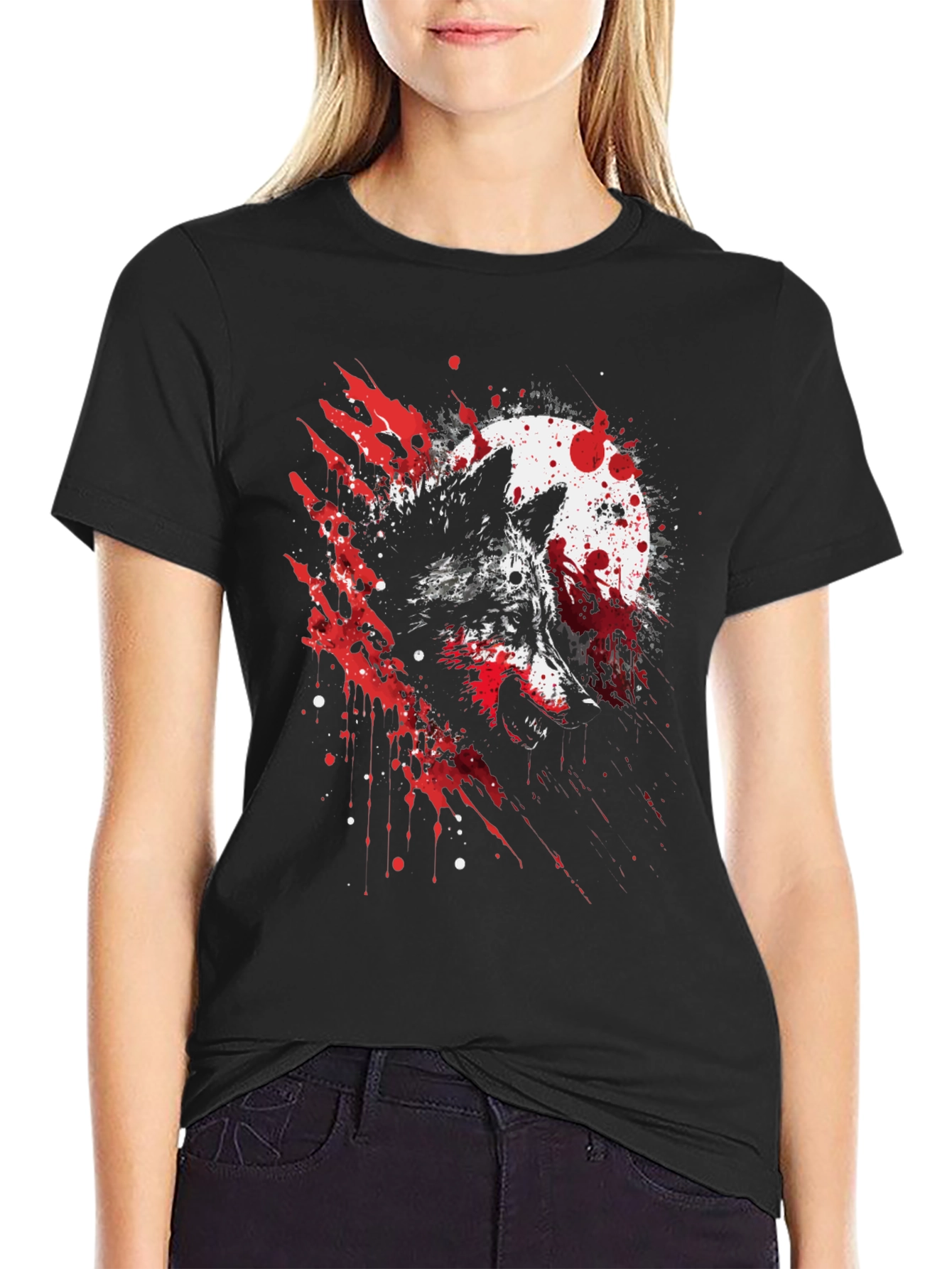 Black Wolf Moon Splatter Graphic Black T-Shirt view 2