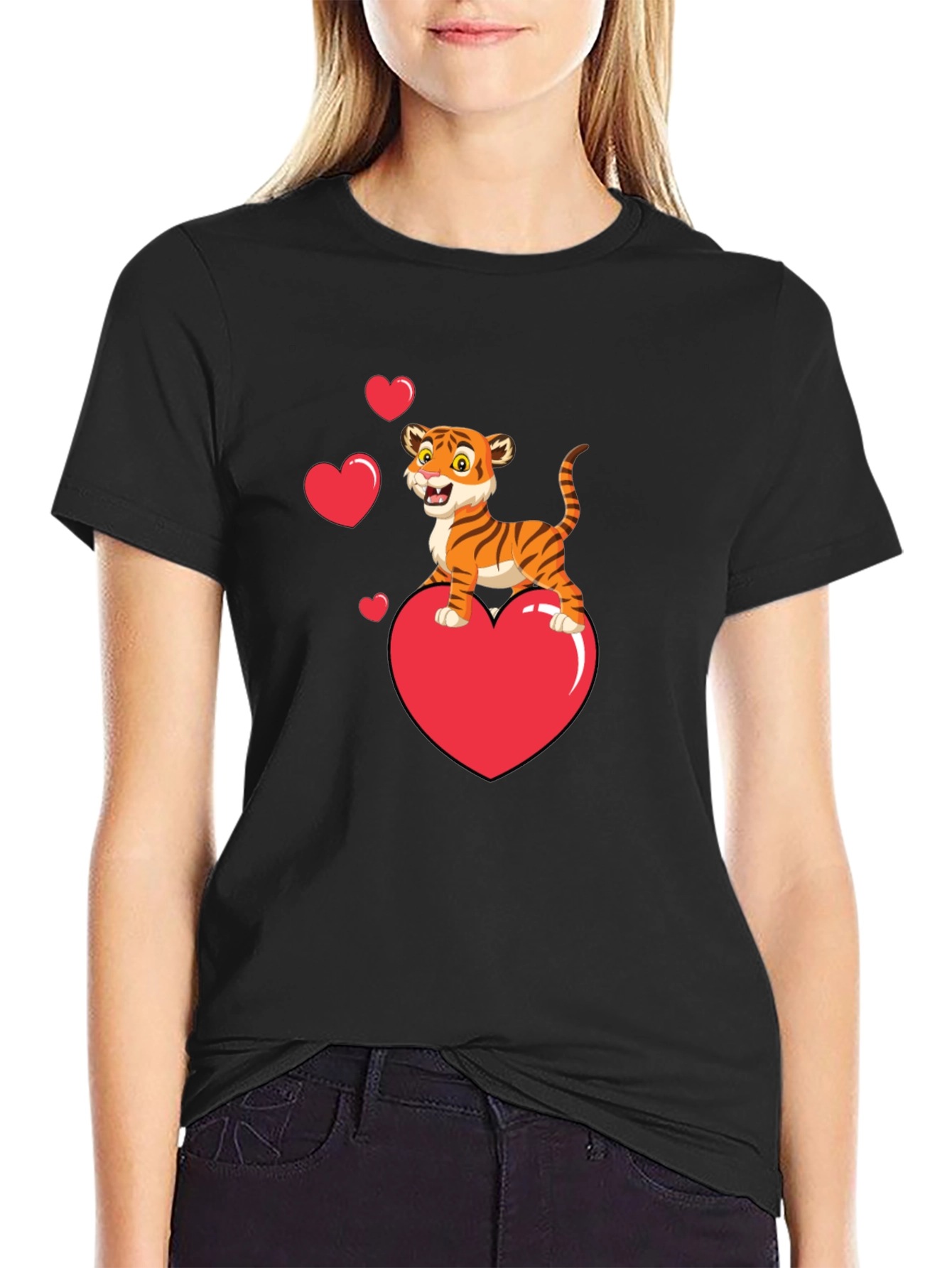Black Cute Tiger on Heart Valentine's Black T-Shirt view 2