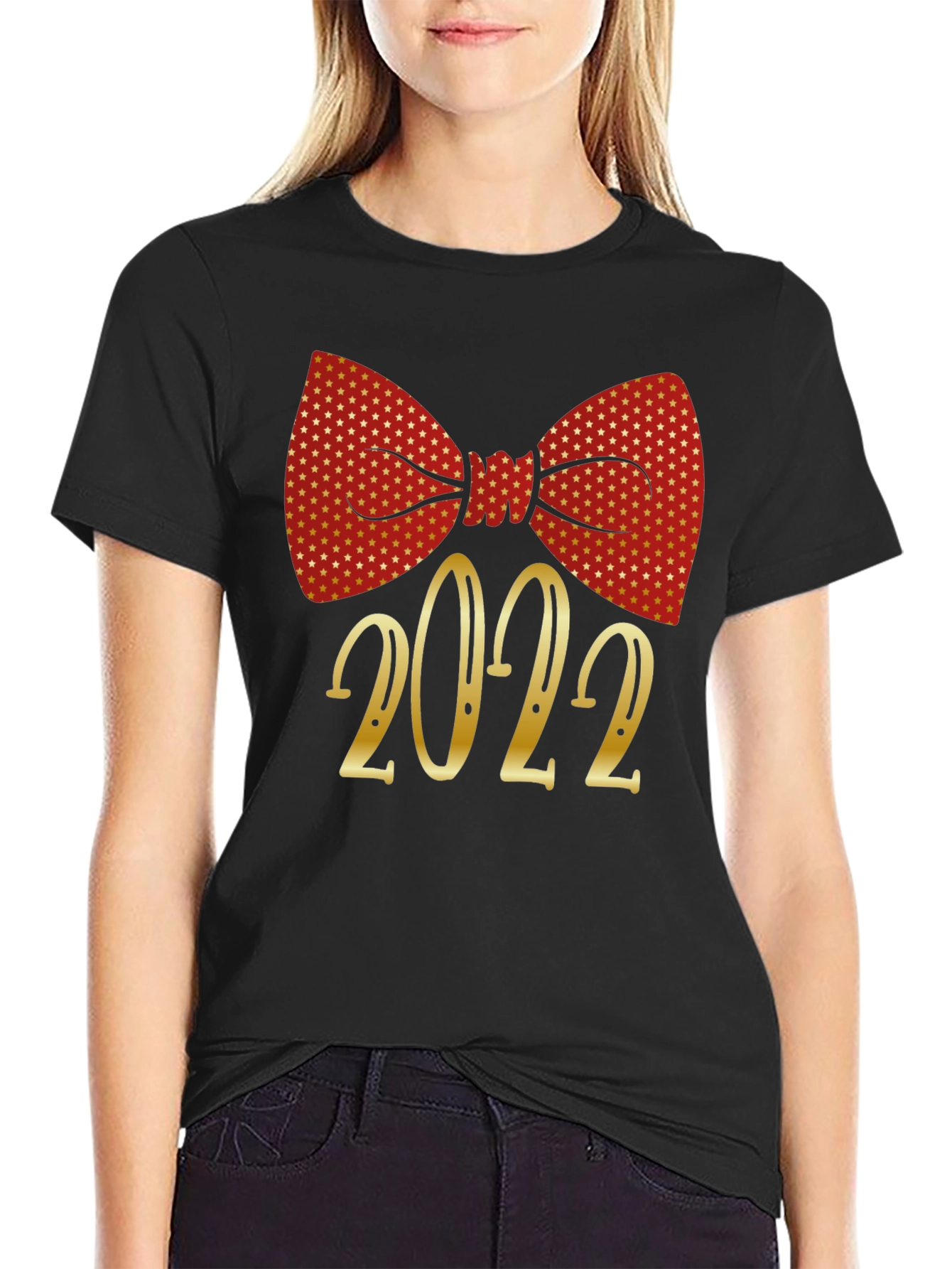 Black Festive 2022 Bow Tie Graphic T-Shirt view 2