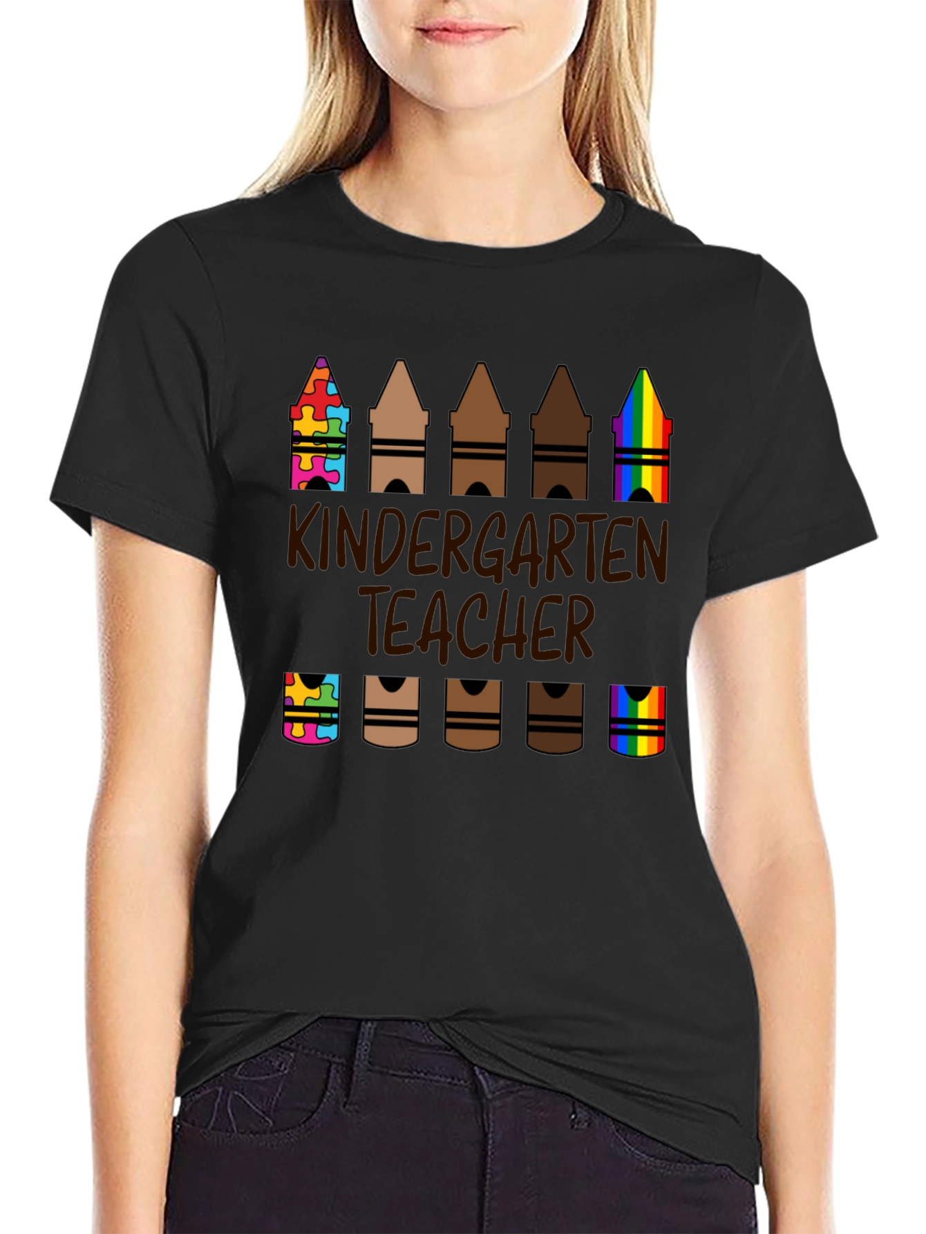 Black Kindergarten Teacher Crayon T-Shirt view 2