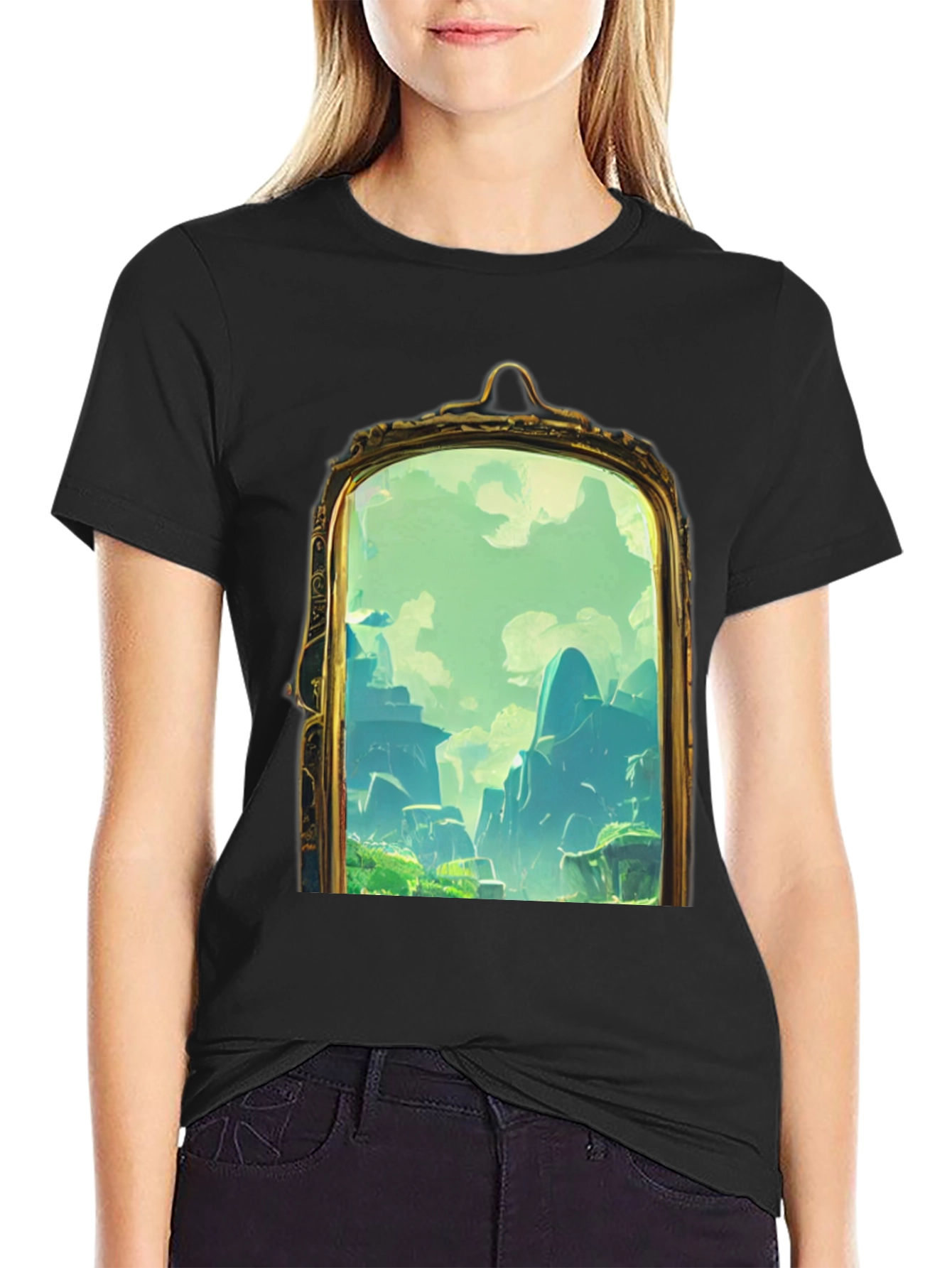 Black Black T-Shirt with Framed Landscape Design view 2
