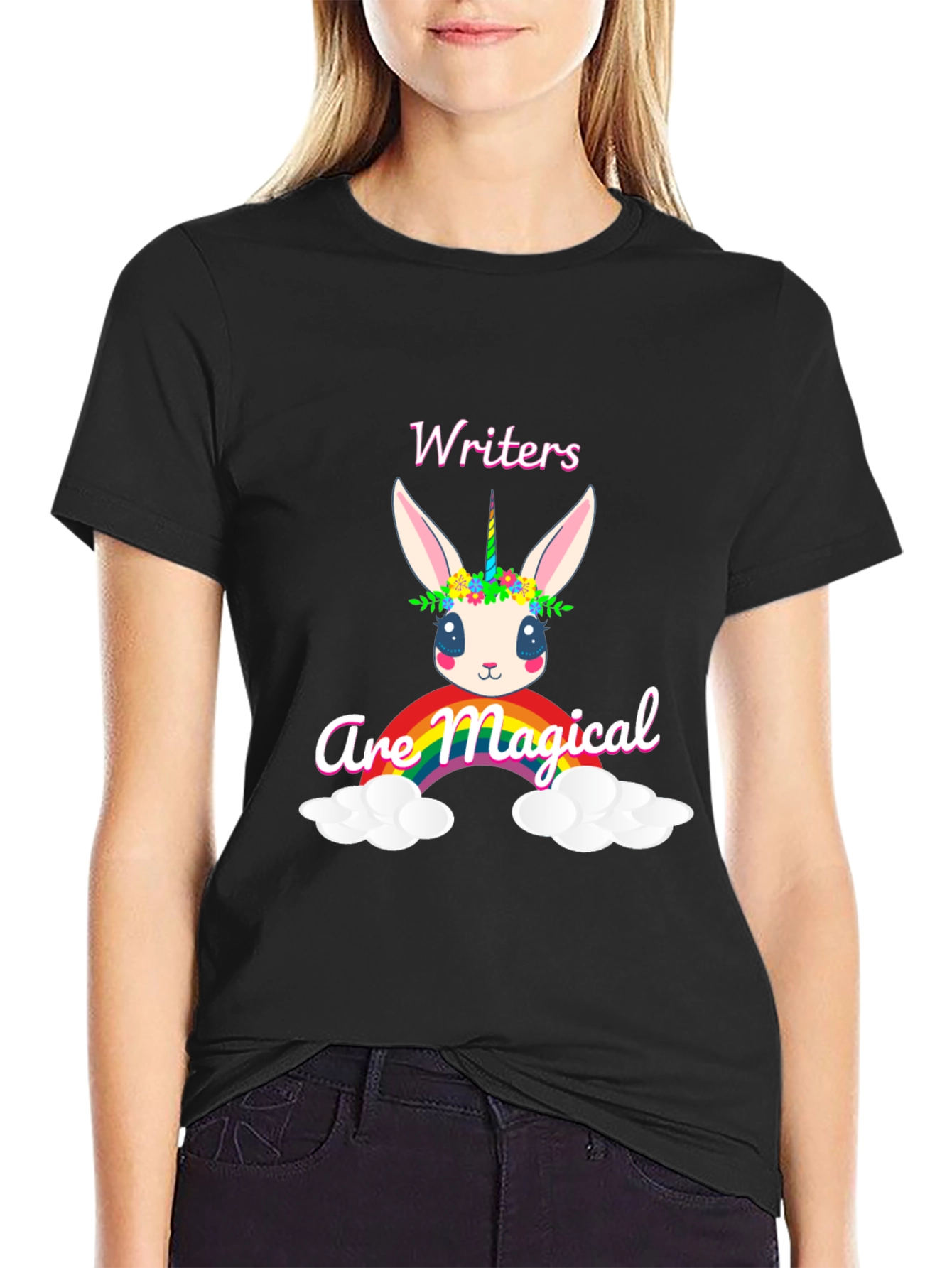 Black Magical Writers T-Shirt, Cute Unicorn Bunny Design view 2
