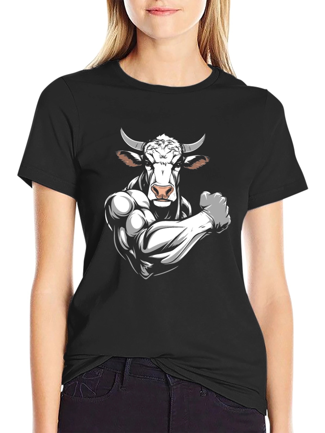 Black Black T-Shirt with Muscular Bull Graphic view 2