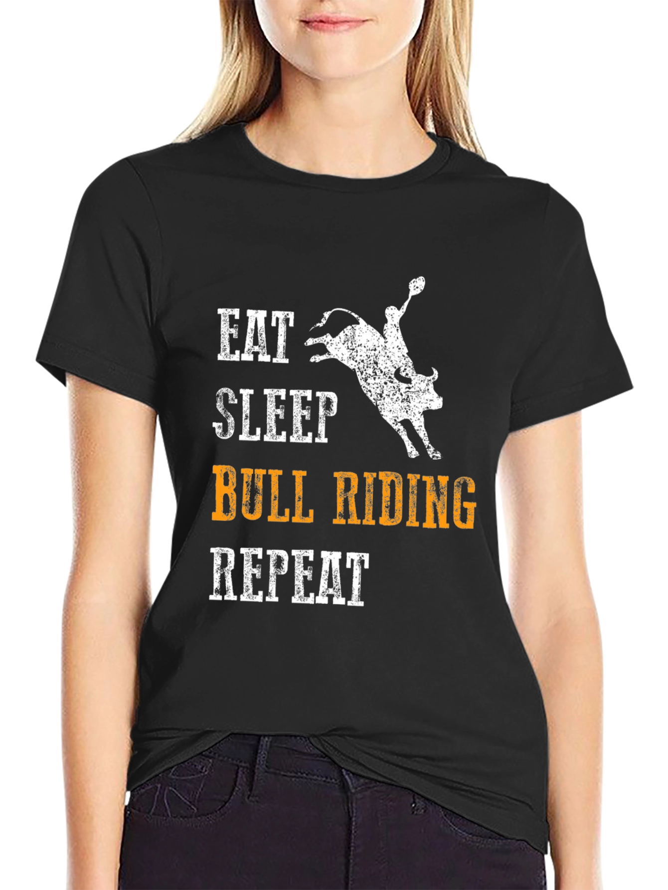 Black Eat Sleep Bull Riding Repeat Black T-Shirt view 2