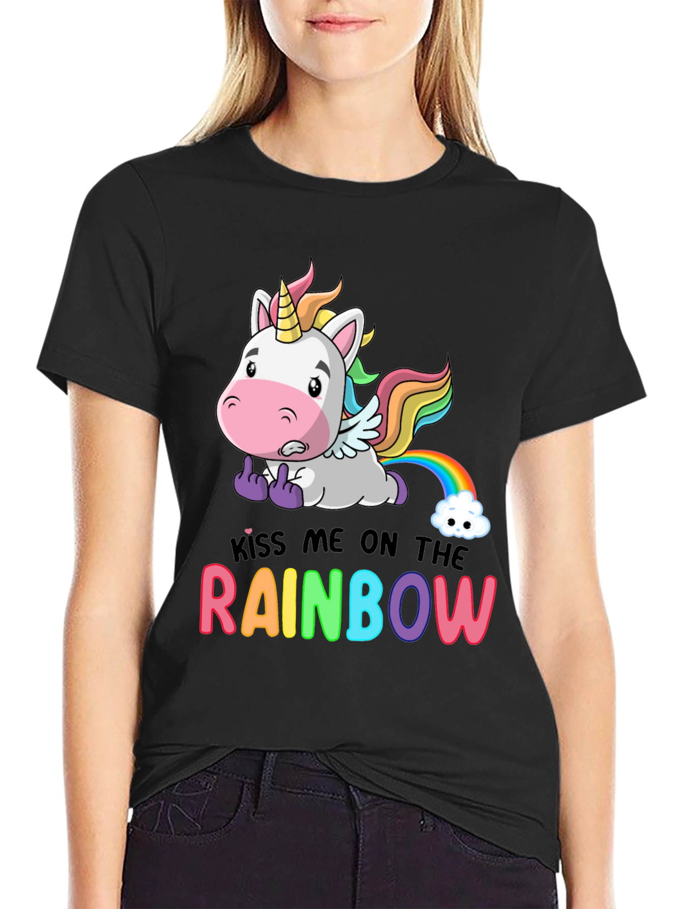 Black Kiss Me On The Rainbow T-Shirt Unicorn Funny view 2