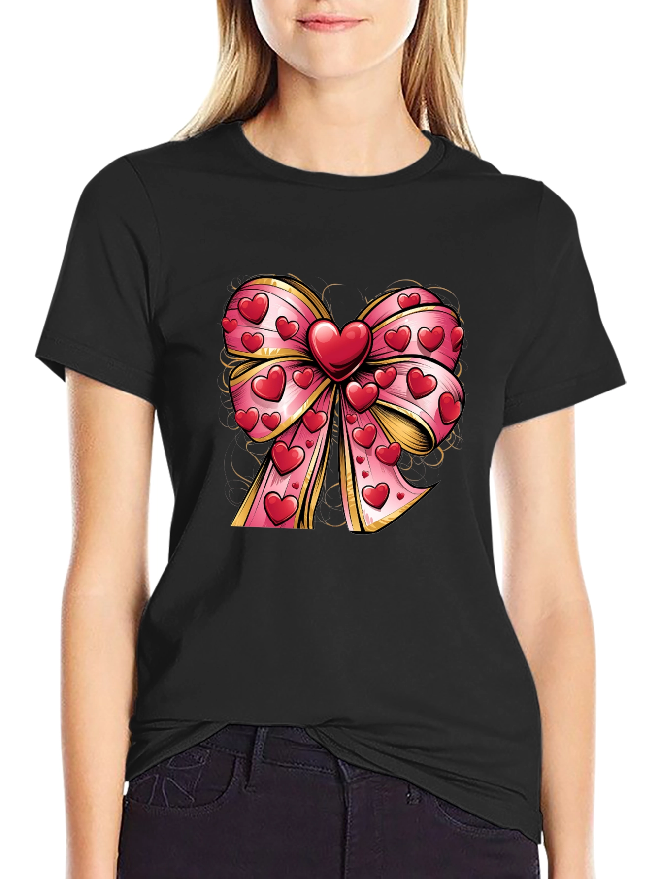 Black Heart Bow Valentine's Day T-Shirt view 2