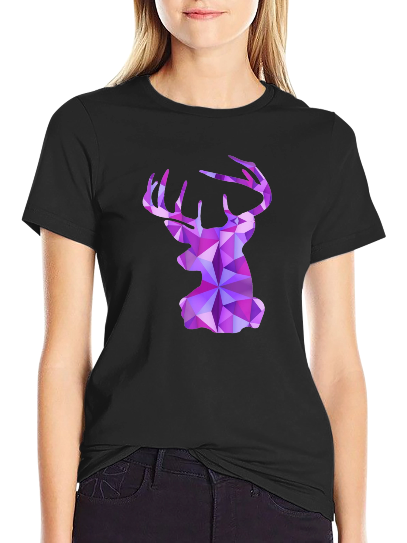 Black Geometric Deer Head Graphic Tee - Black view 2