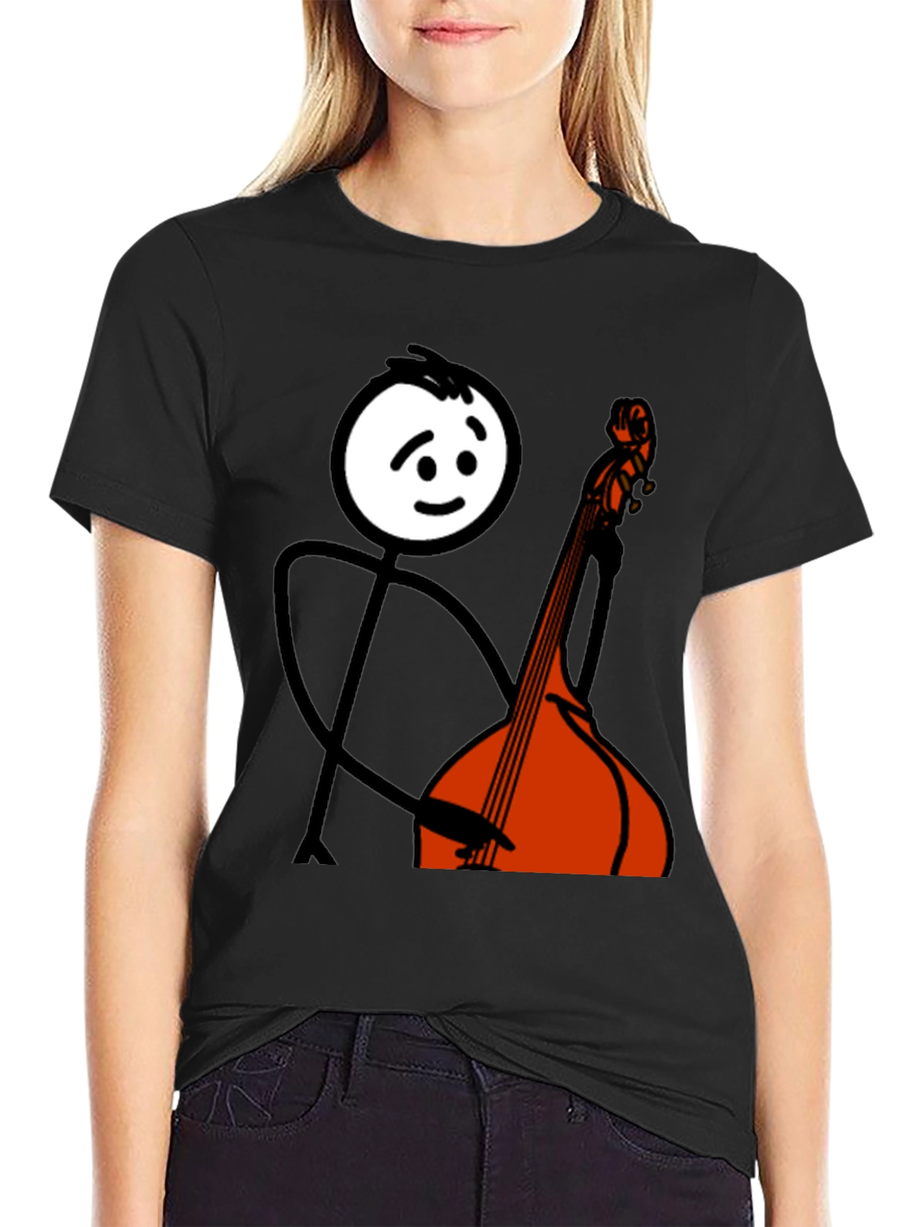 Black Stick Figure Bass Player Graphic Tee view 2