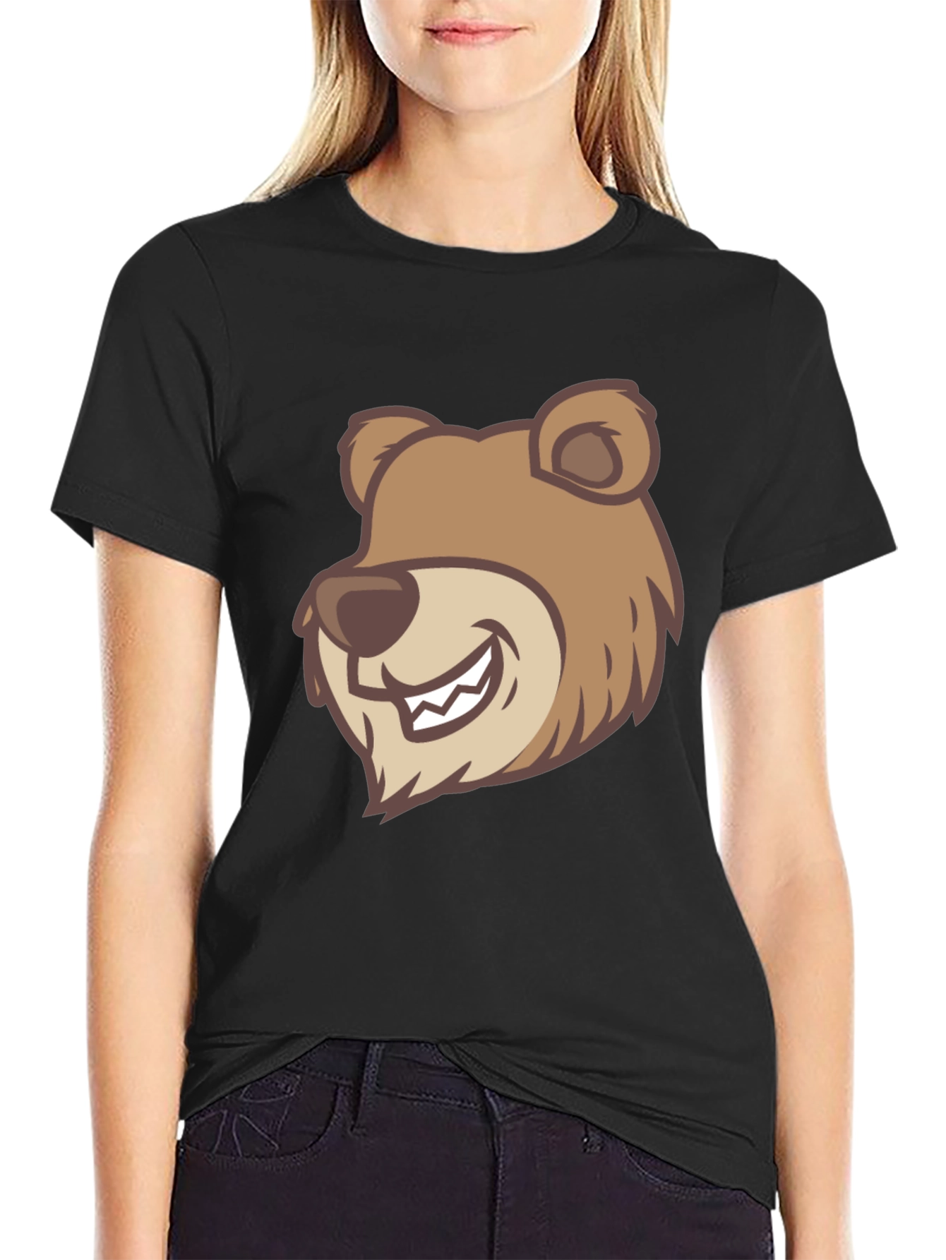 Black Cartoon Bear Graphic T-Shirt - Black view 2