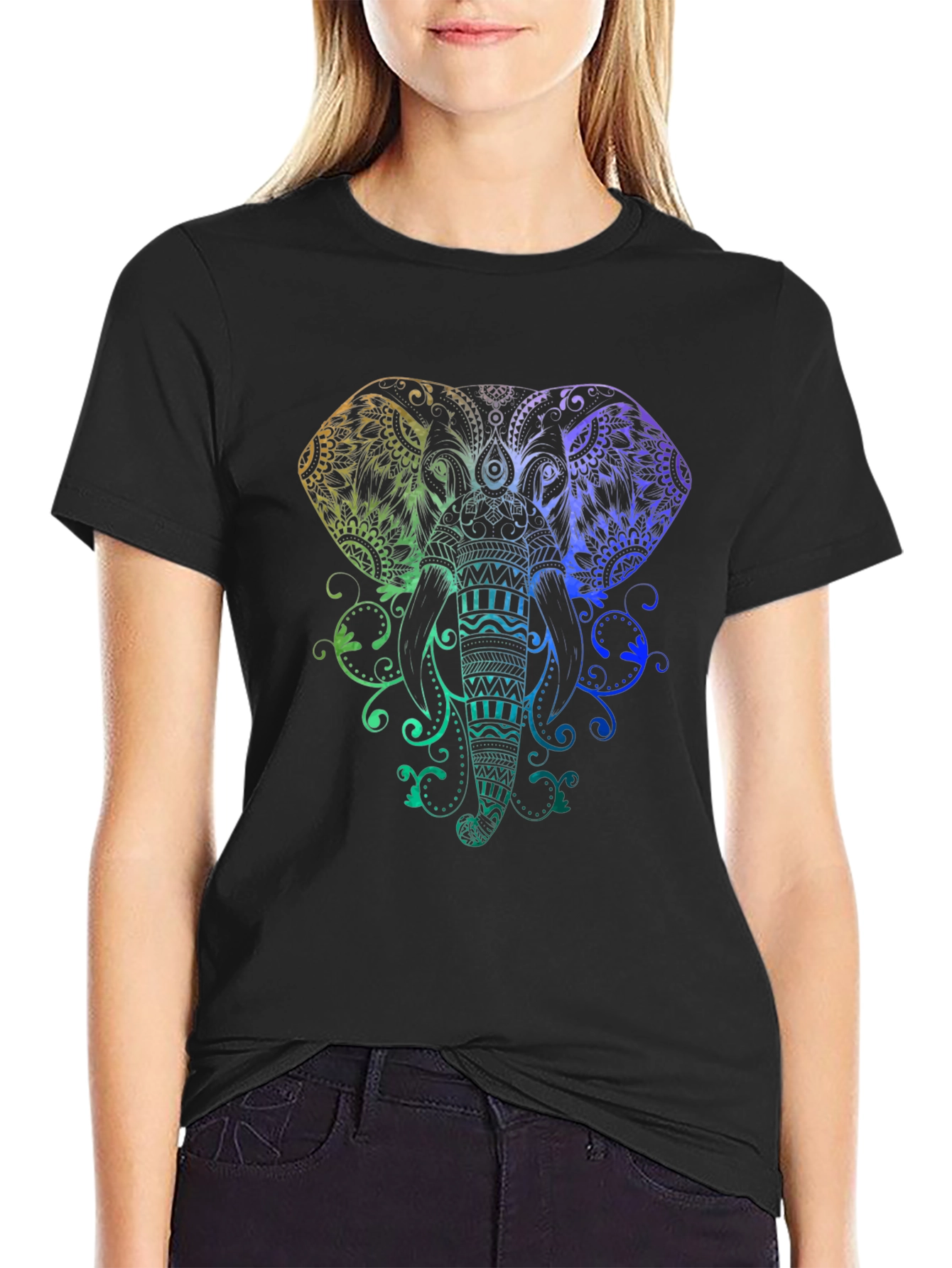 Black Rainbow Elephant Graphic Black T-Shirt view 2