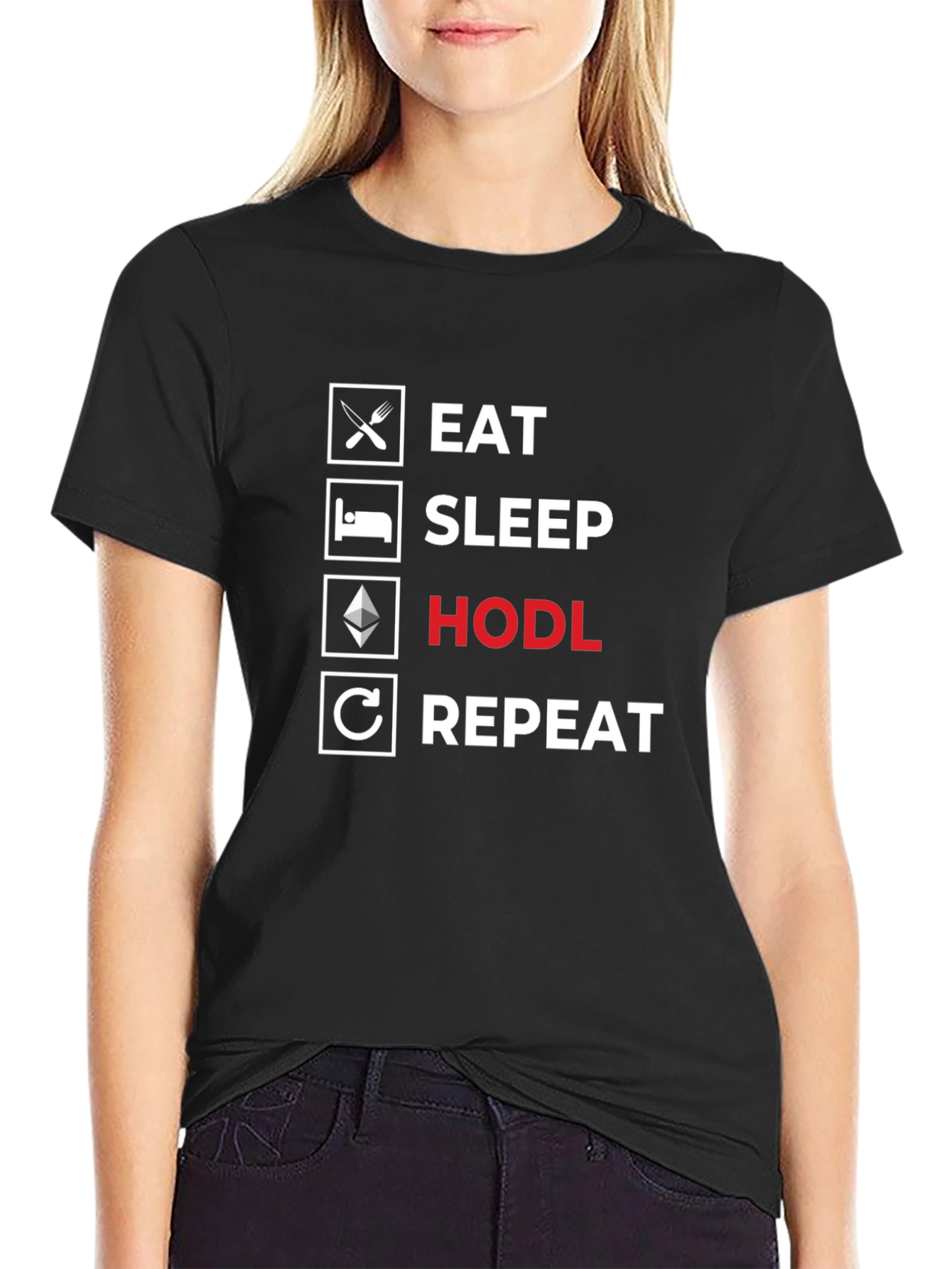 Black Eat Sleep HODL Repeat T-Shirt - Crypto Investor Tee view 2
