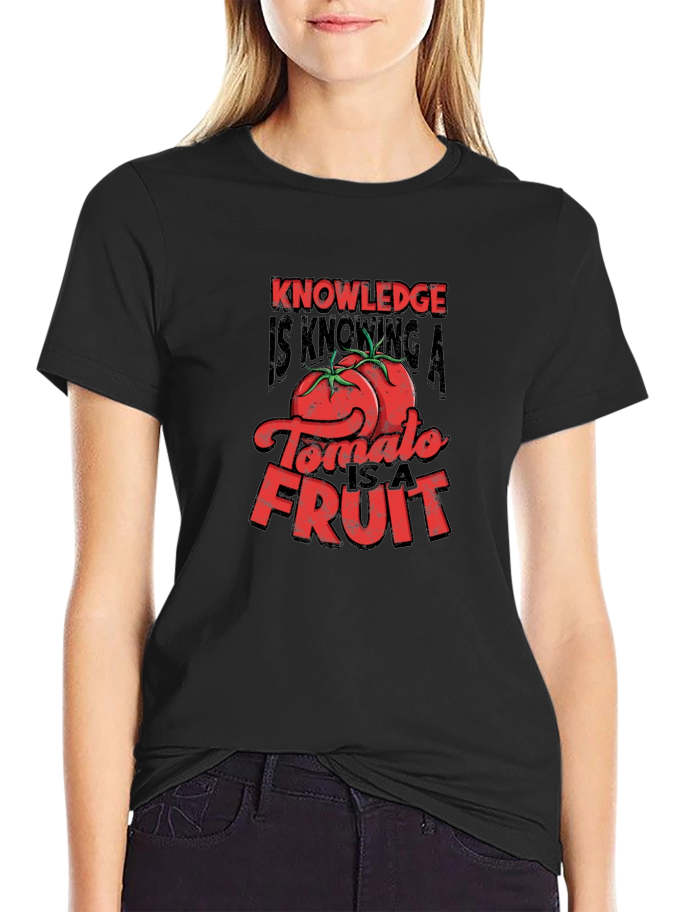 Black Knowledge Tomato Fruit Graphic T-Shirt view 2