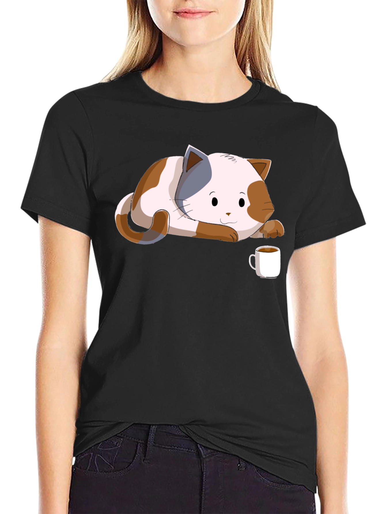 Black Cute Cat & Coffee Black T-Shirt view 2
