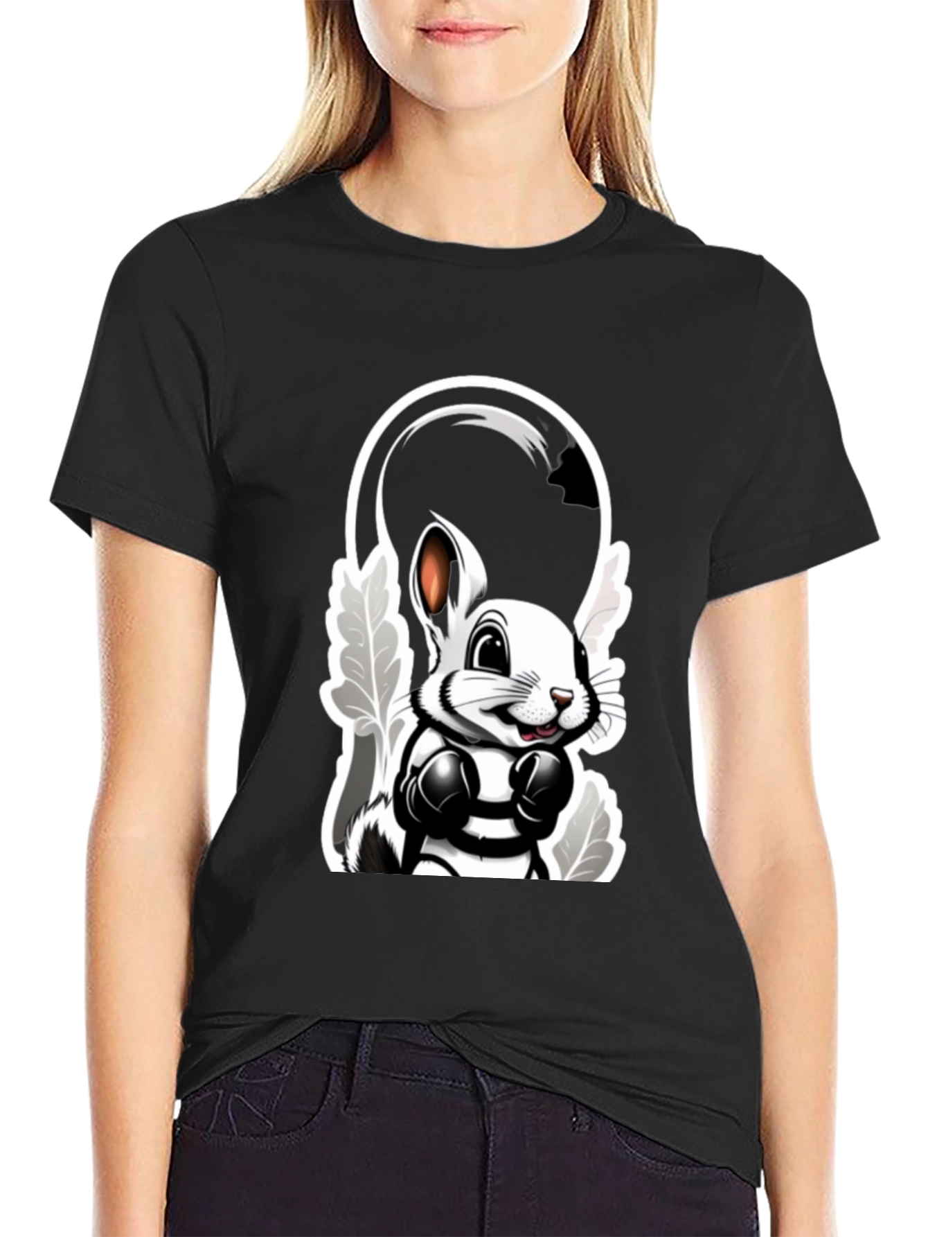 Black Cool Cartoon Bunny Boxer Black T-Shirt view 2
